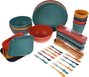 1 Set Wheat Straw Dinnerware Portable Lightweight and Reusable Picnic Tableware Kit for Camping and Outdoor Dining Stylish Mixed Color Design for Travel and