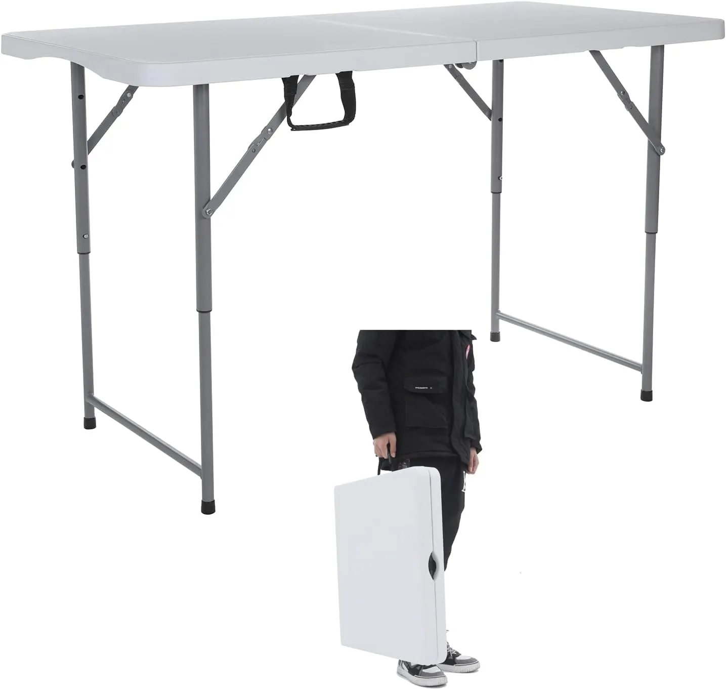 122CZ Folding Table 4-Foot Portable Small Table Semi Practical Table Small Indoor and Outdoor Adjustable Height with Handle Folding Table, Camping and Gathering