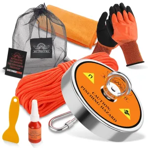 1300 LBS Pulling Force Single Sided Magnet Fishing Magnet Kit Magnetic Fishing (Orange) with 65 FT Wear-Resistant Rope, Heavy Duty Carabiner, etc