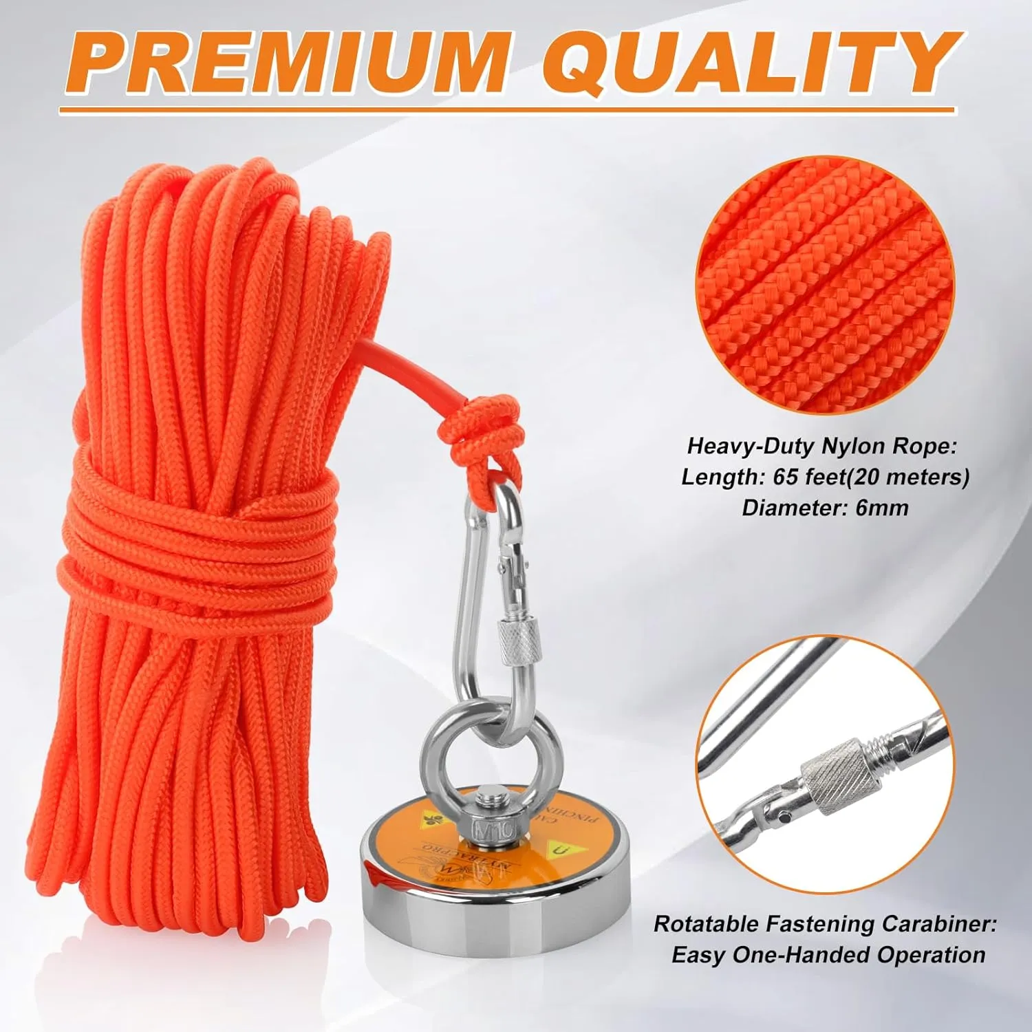 1300 LBS Pulling Force Single Sided Magnet Fishing Magnet Kit Magnetic Fishing (Orange) with 65 FT Wear-Resistant Rope, Heavy Duty Carabiner, etc