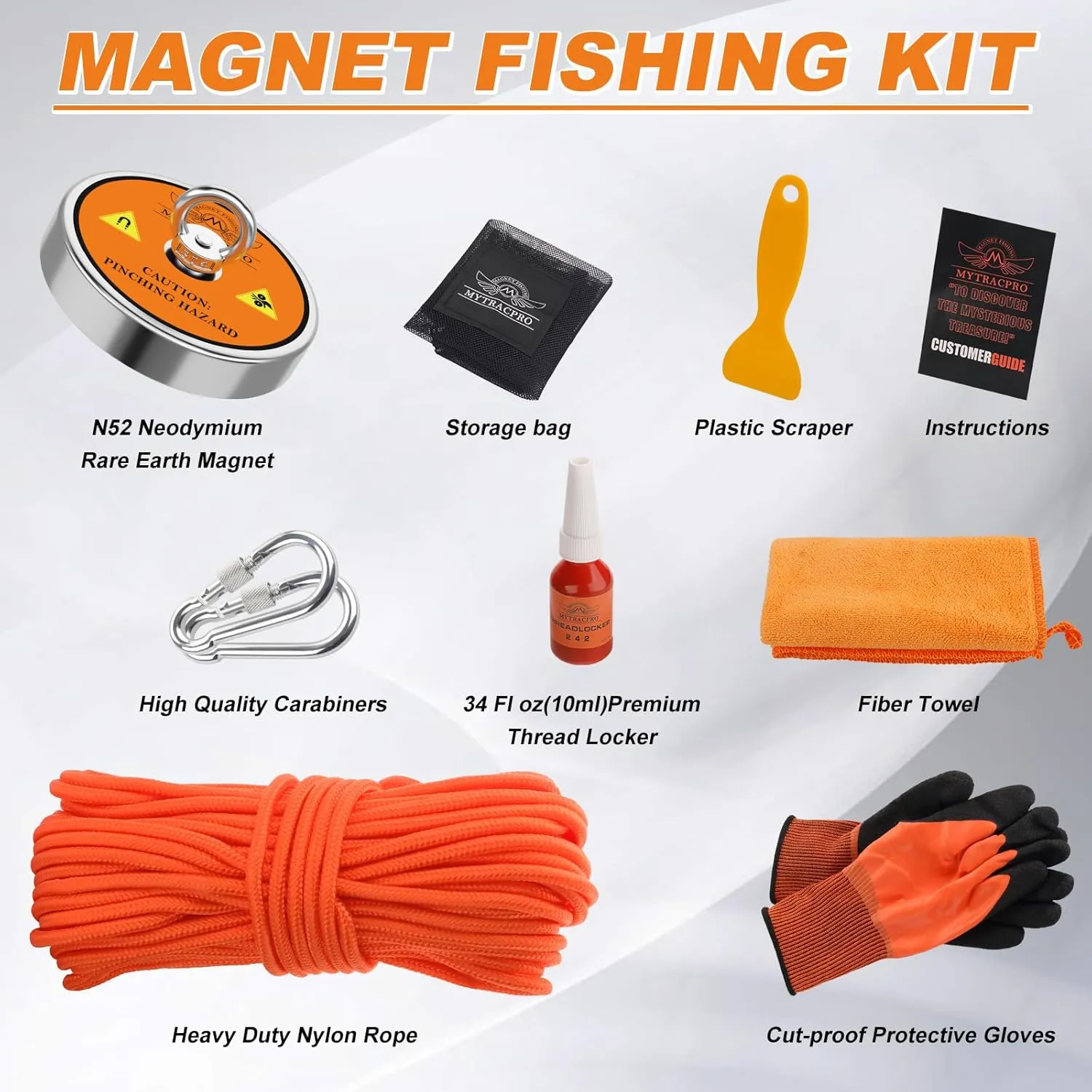 1300 LBS Pulling Force Single Sided Magnet Fishing Magnet Kit Magnetic Fishing (Orange) with 65 FT Wear-Resistant Rope, Heavy Duty Carabiner, etc