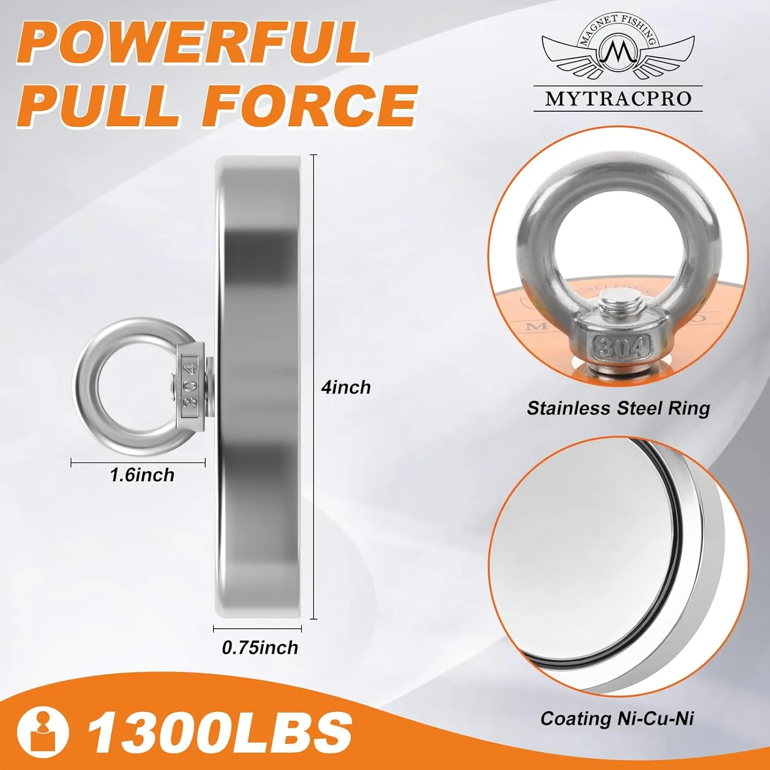 1300 LBS Pulling Force Single Sided Magnet Fishing Magnet Kit Magnetic Fishing (Orange) with 65 FT Wear-Resistant Rope, Heavy Duty Carabiner, etc