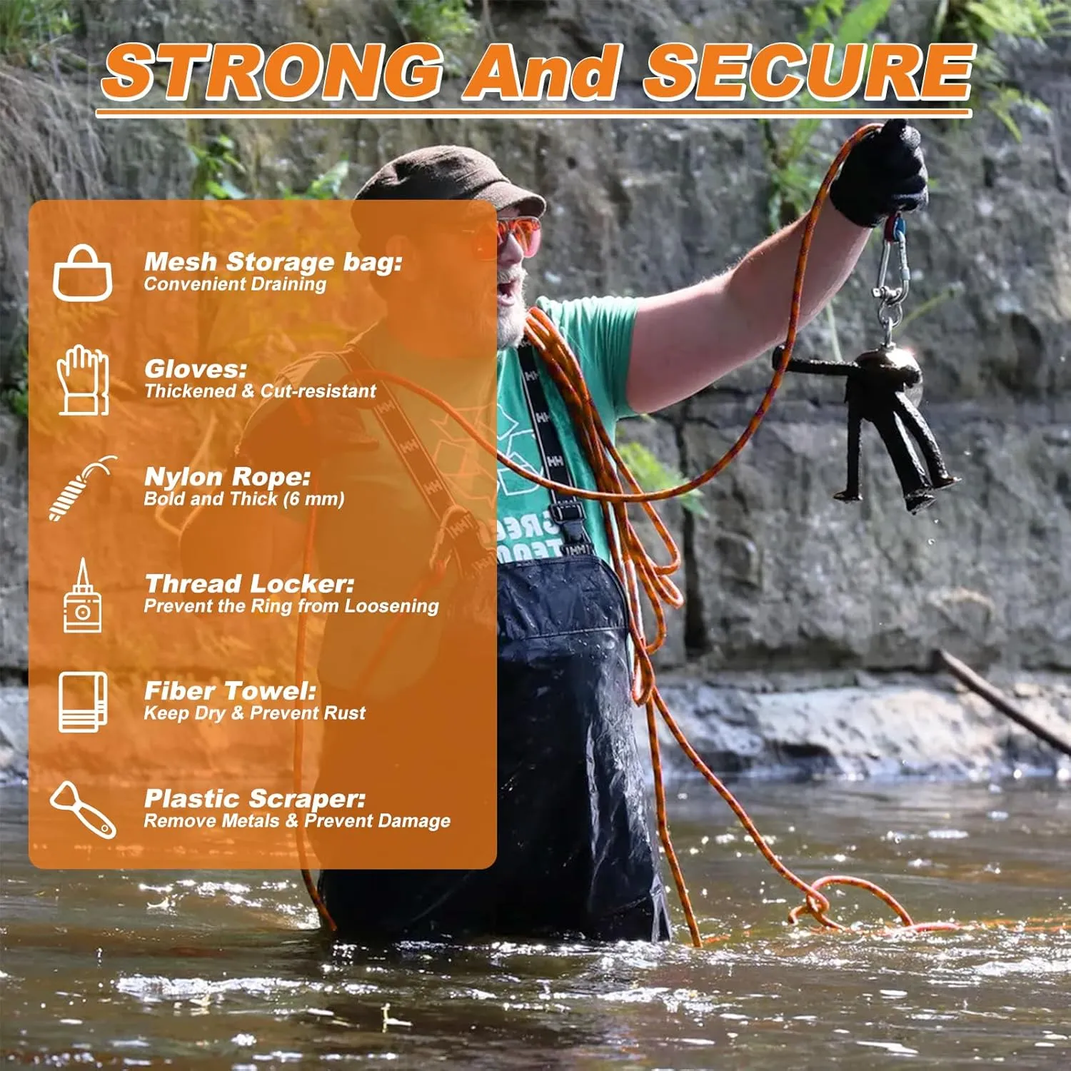 1300 LBS Pulling Force Single Sided Magnet Fishing Magnet Kit Magnetic Fishing (Orange) with 65 FT Wear-Resistant Rope, Heavy Duty Carabiner, etc
