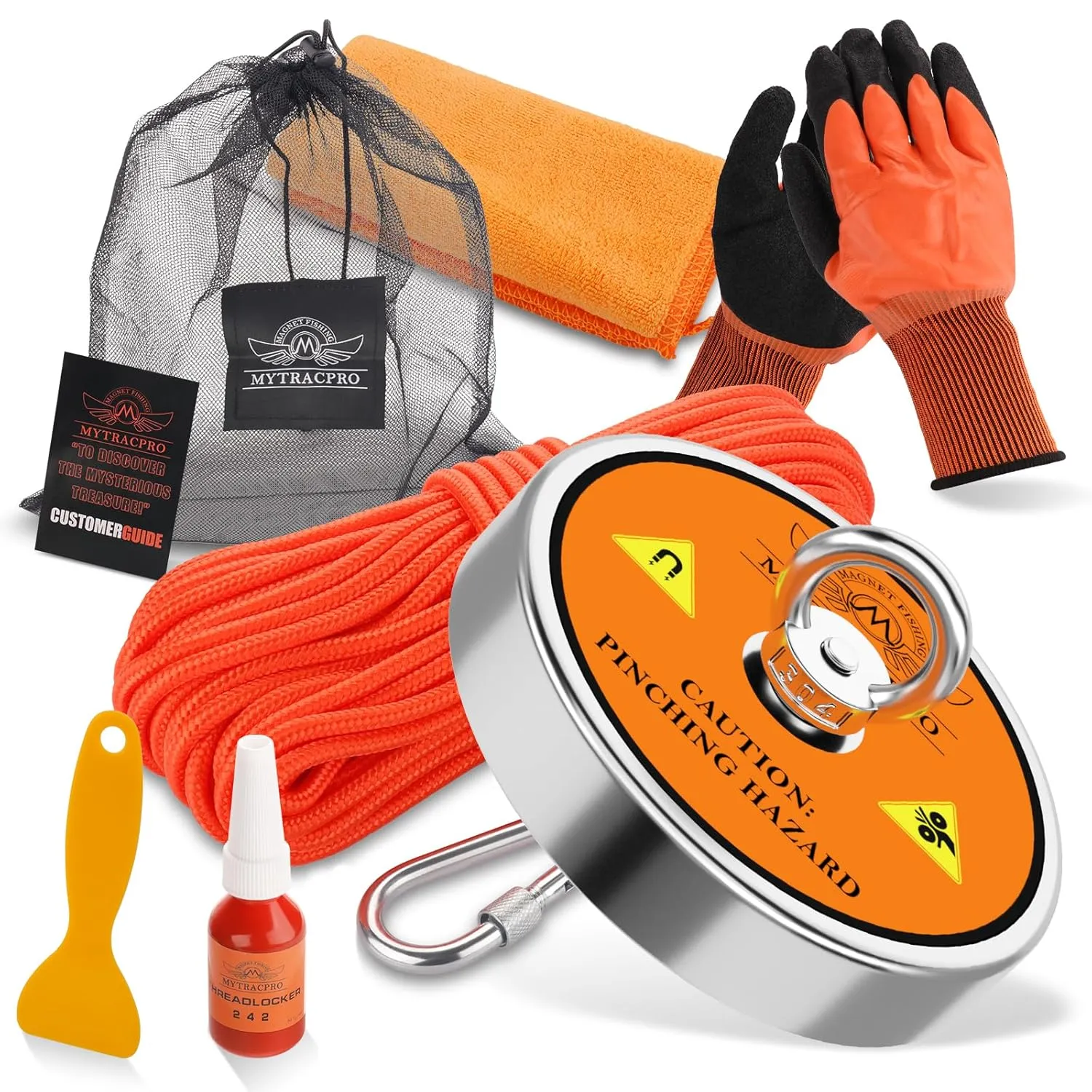1300 LBS Pulling Force Single Sided Magnet Fishing Magnet Kit Magnetic Fishing (Orange) with 65 FT Wear-Resistant Rope, Heavy Duty Carabiner, etc