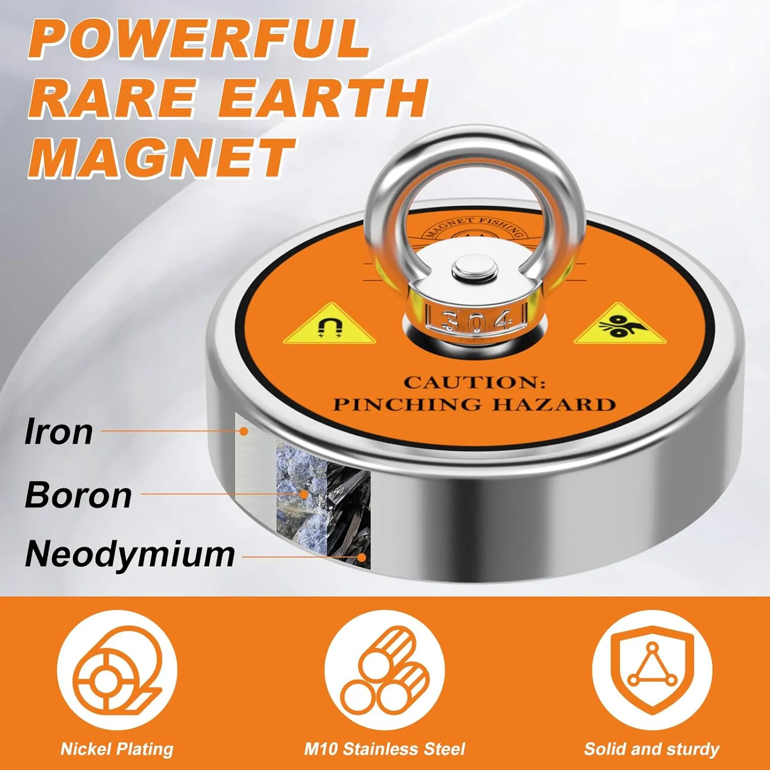 1300 LBS Pulling Force Single Sided Magnet Fishing Magnet Kit Magnetic Fishing (Orange) with 65 FT Wear-Resistant Rope, Heavy Duty Carabiner, etc