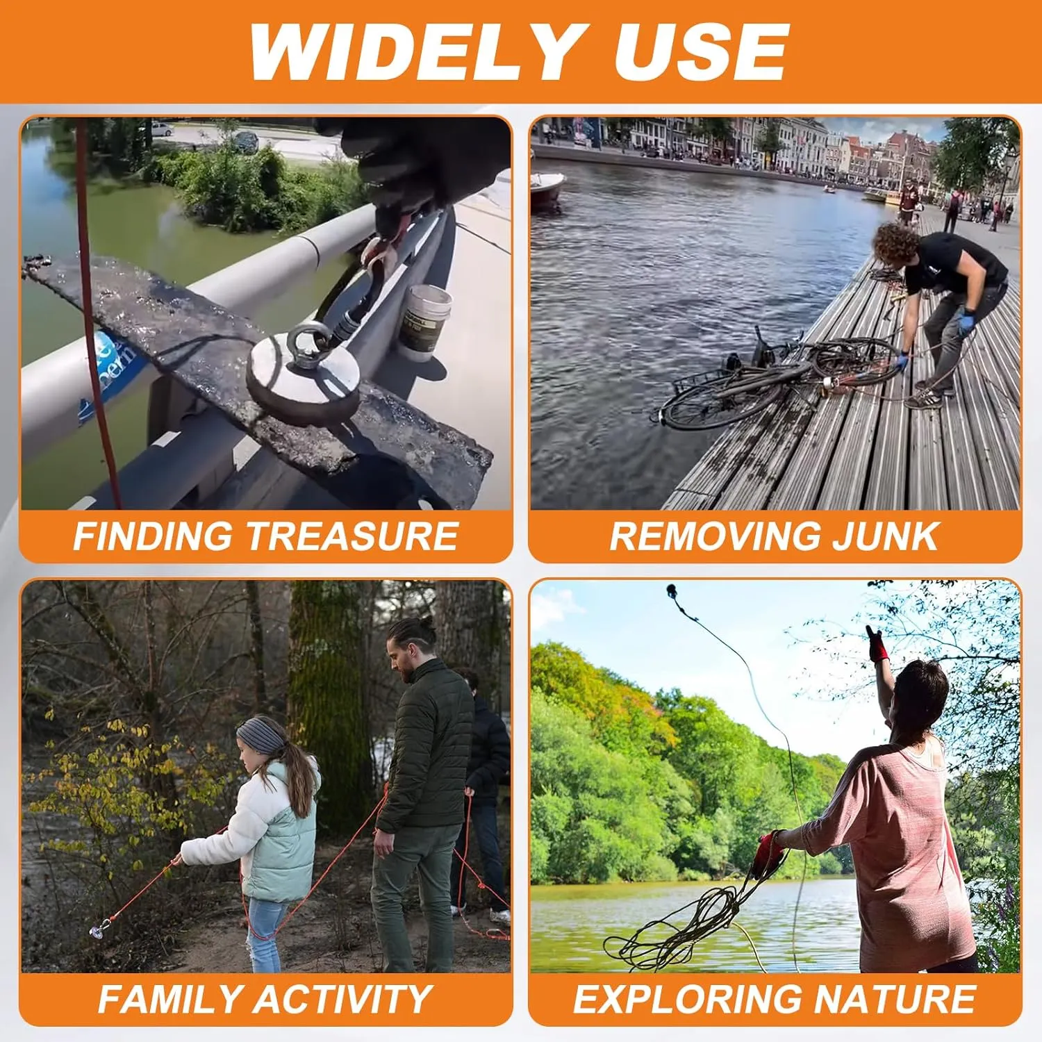1300 LBS Pulling Force Single Sided Magnet Fishing Magnet Kit Magnetic Fishing (Orange) with 65 FT Wear-Resistant Rope, Heavy Duty Carabiner, etc