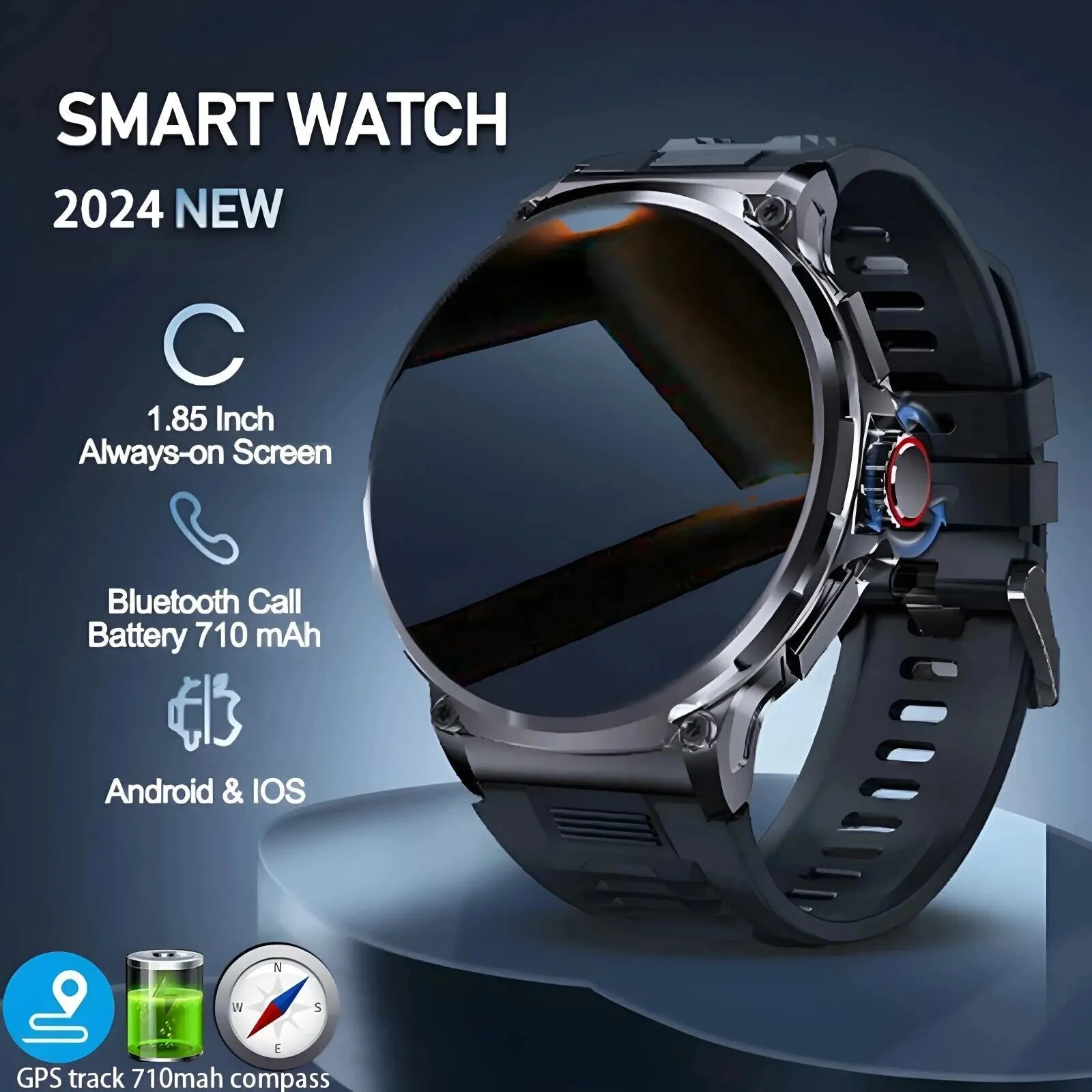 1.85" Ultra HD Smartwatch GPS Bluetooth Call Health Monitoring Watch Gym Gift