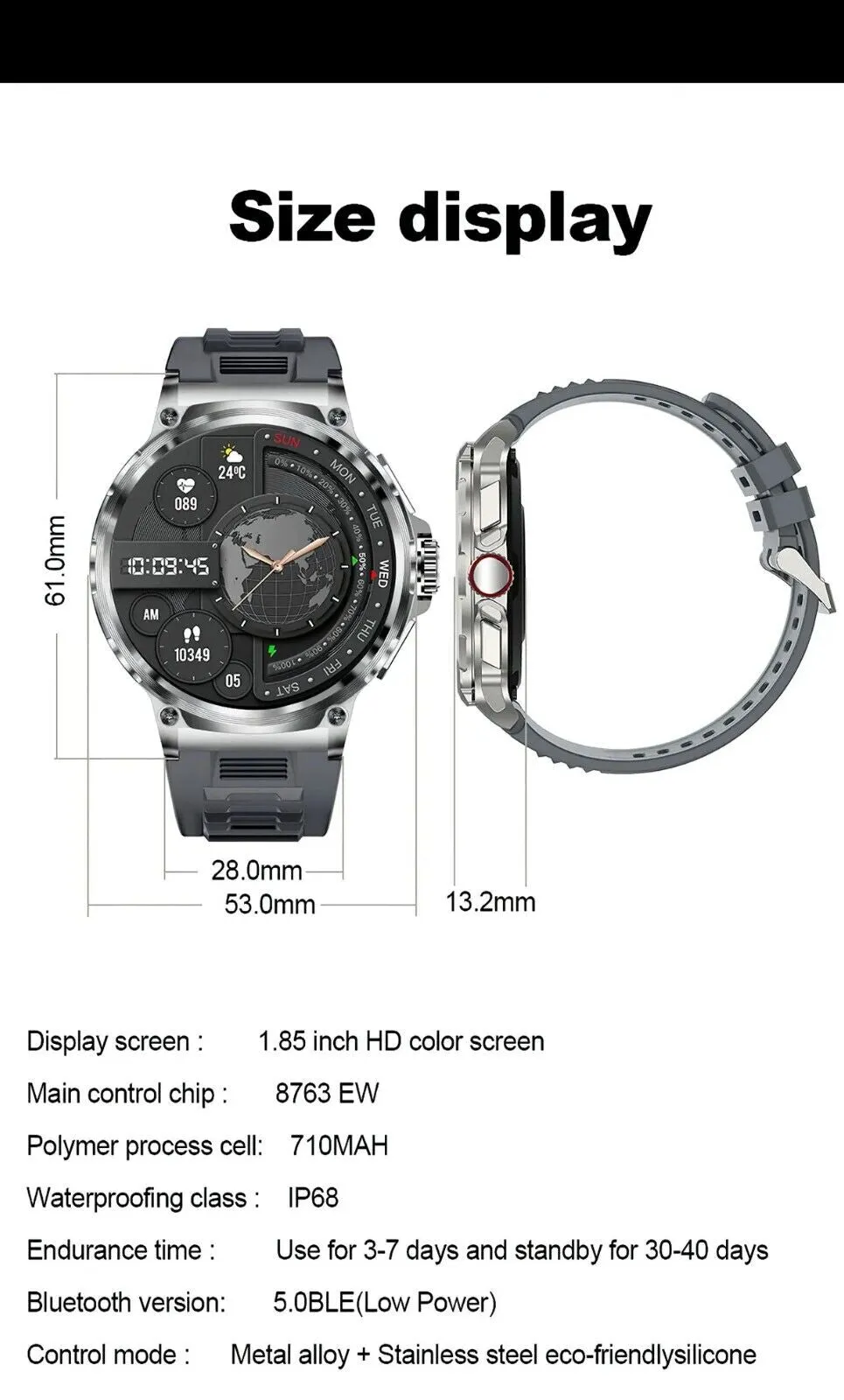 1.85" Ultra HD Smartwatch GPS Bluetooth Call Health Monitoring Watch Gym Gift