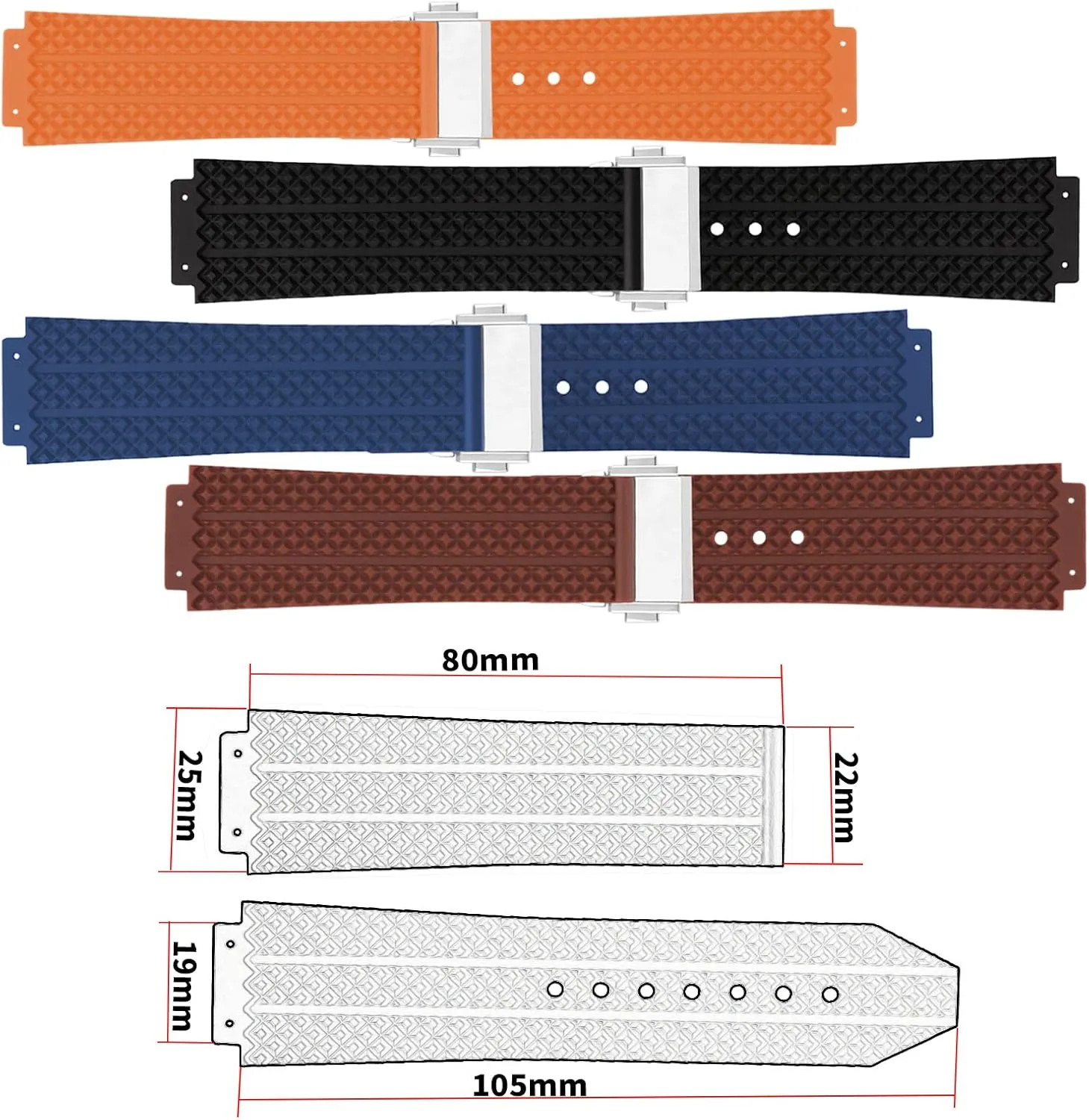 19mm*25mm*22mm Rubber Watch Band replacement for Hublot Big Bang 25 mm Diamond Pattern Silicone Strap Wirstband accessories with Buckle for Men and Women