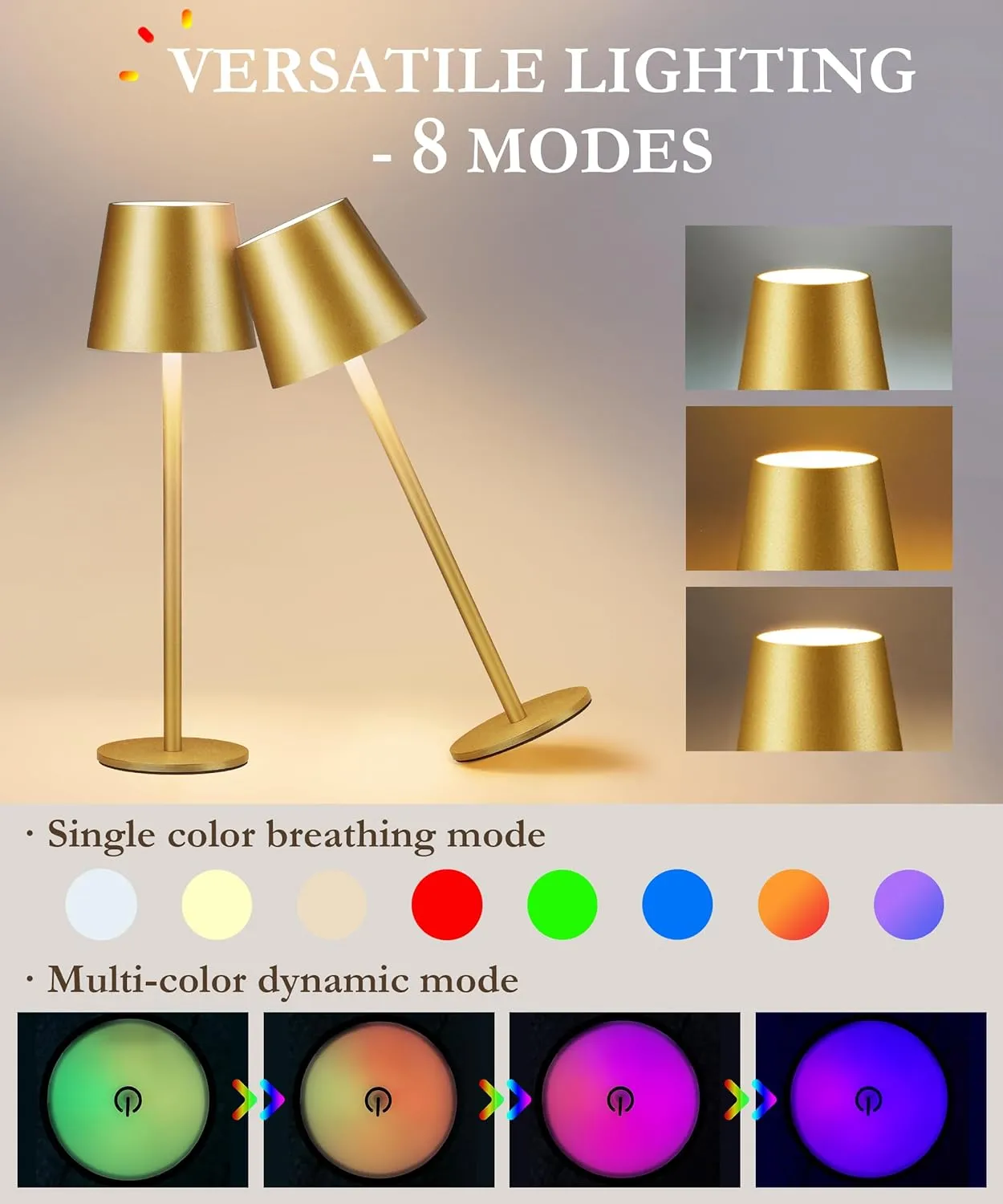 2-Pack Gold RGB Cordless Table Lamp, 5200mAh RGB 8 Modes & Touch Control Rechargeable Battery Desk Lamp, IP54 Waterproof Outdoor Table lamp for Bedroom/Outdoor/Restaurant/Camping/Bars(Gold)