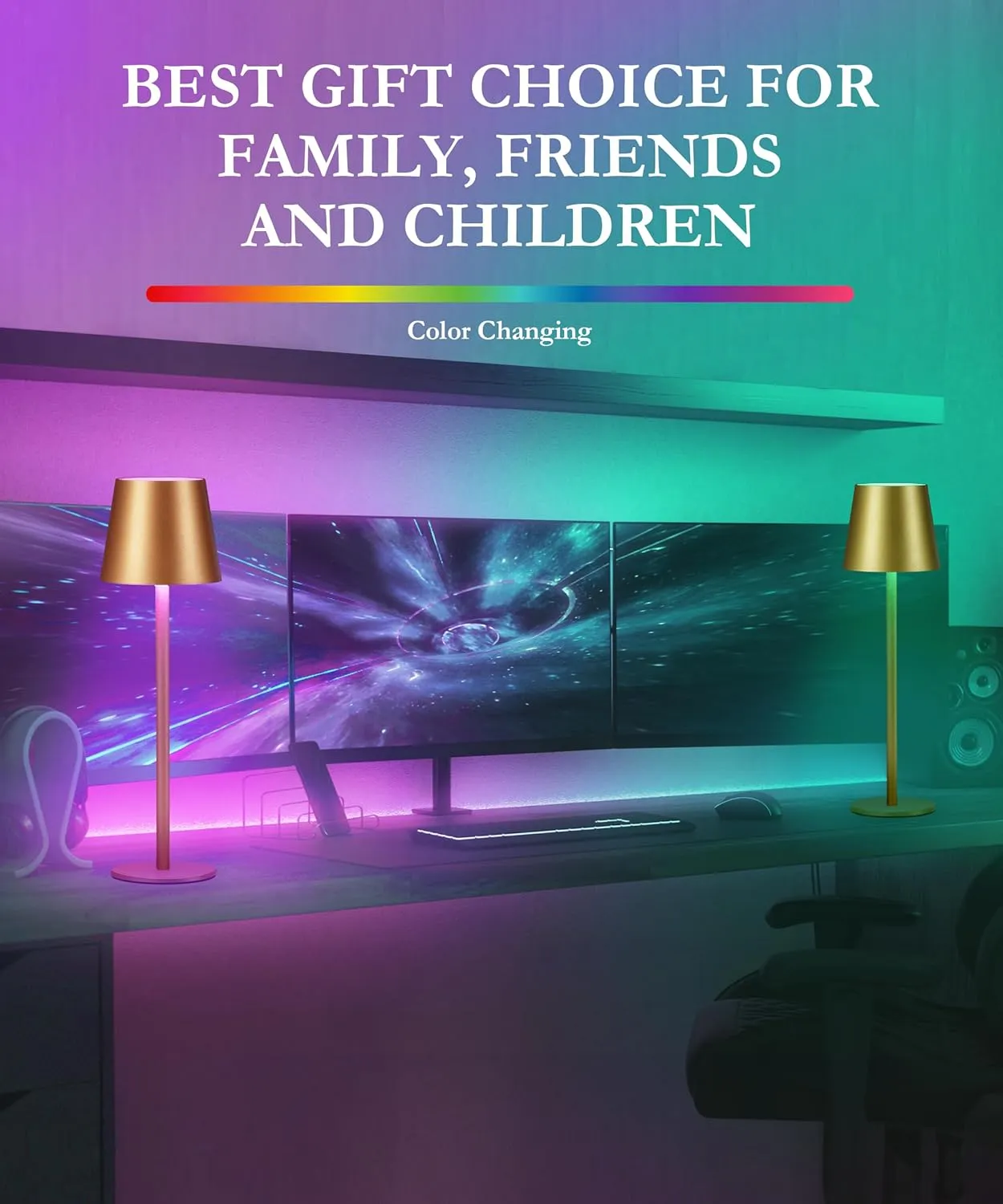 2-Pack Gold RGB Cordless Table Lamp, 5200mAh RGB 8 Modes & Touch Control Rechargeable Battery Desk Lamp, IP54 Waterproof Outdoor Table lamp for Bedroom/Outdoor/Restaurant/Camping/Bars(Gold)