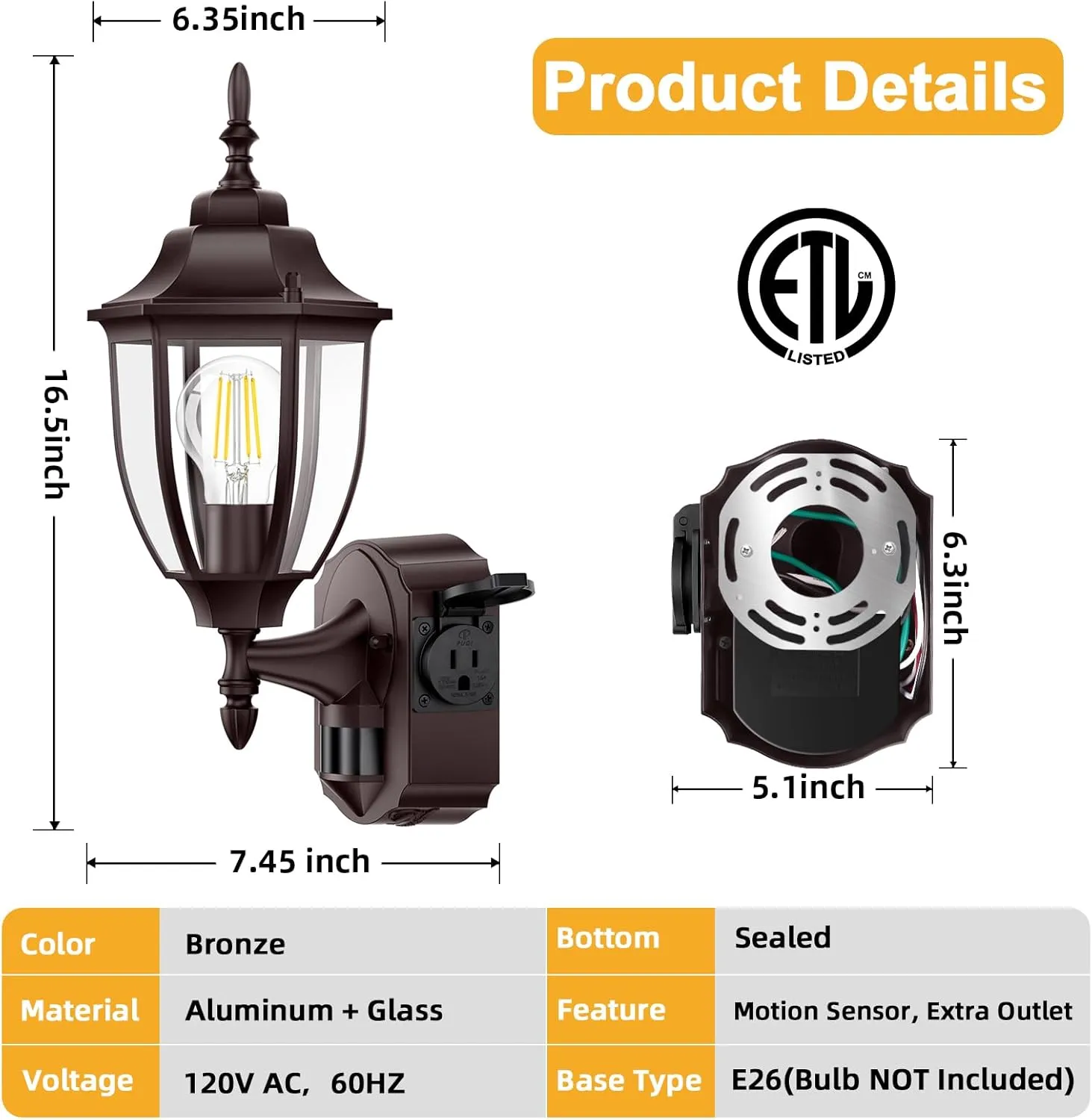 2 Pack Porch Lights with Outlet, Motion Sensor Outdoor Lights, Updated Dusk to Dawn Exterior Lighting Fixtures, Waterproof Anti-Rust Aluminum Outside Lights for House Entryway Garage, Bronze