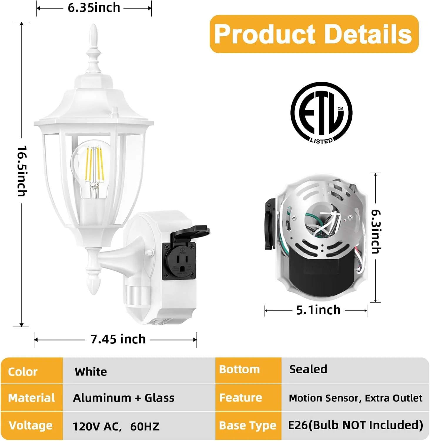 2 Pack Porch Lights with Outlet, Motion Sensor Outdoor Lights, Updated Dusk to Dawn Exterior Lighting Fixtures, Waterproof Anti-Rust Aluminum Outside Lights for House Entryway Garage, White