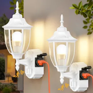 2 Pack Porch Lights with Outlet, Motion Sensor Outdoor Lights, Updated Dusk to Dawn Exterior Lighting Fixtures, Waterproof Anti-Rust Aluminum Outside Lights for House Entryway Garage, White