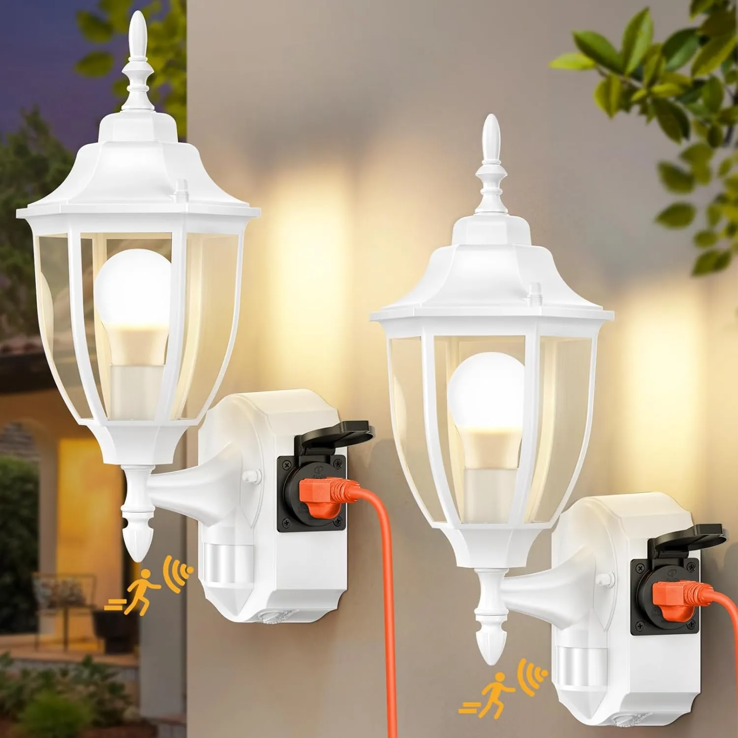 2 Pack Porch Lights with Outlet, Motion Sensor Outdoor Lights, Updated Dusk to Dawn Exterior Lighting Fixtures, Waterproof Anti-Rust Aluminum Outside Lights for House Entryway Garage, White