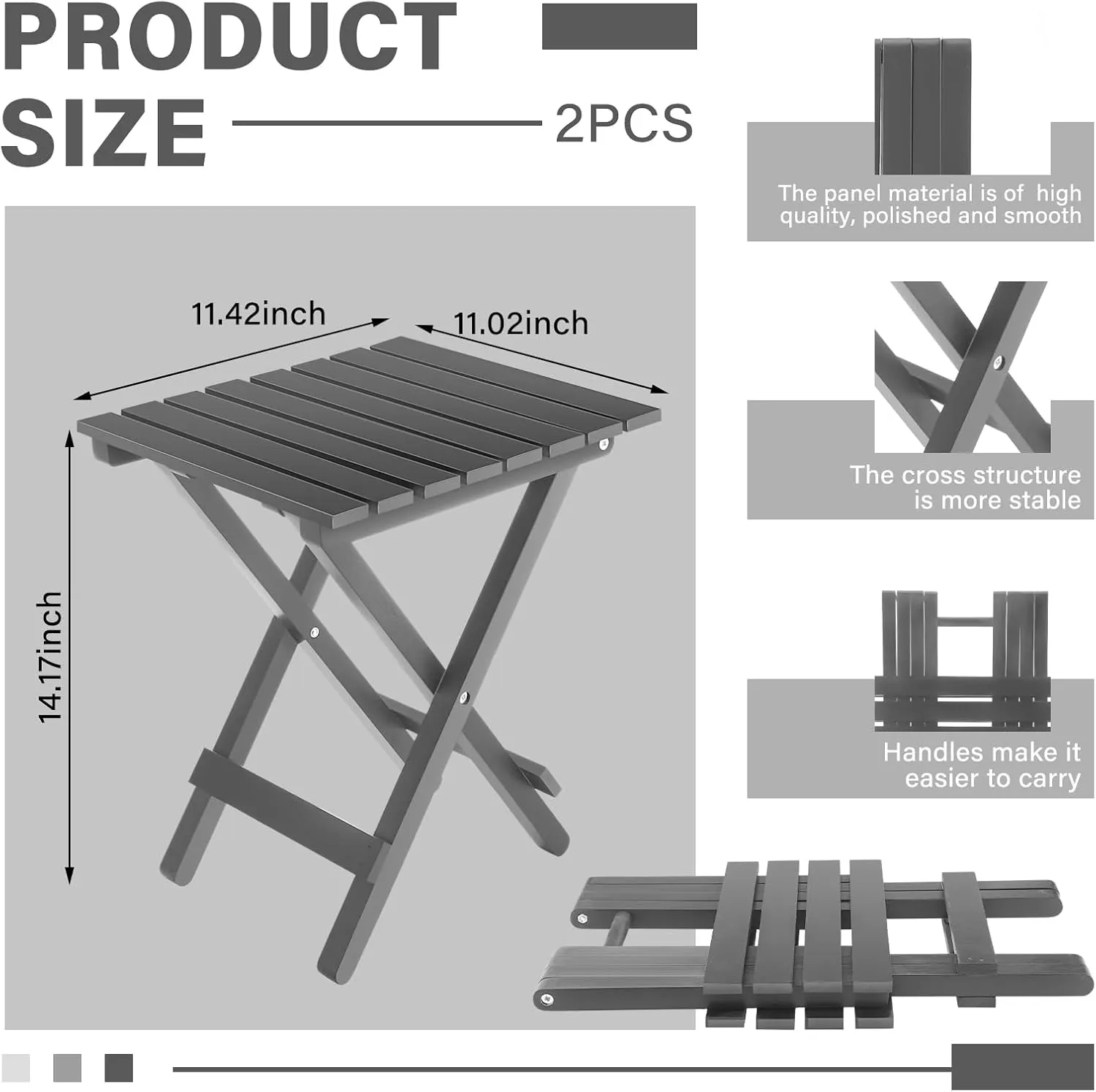 2 Pcs Small Folding Patio Side Table Outdoor Wood Wooden Small End Portable Plant Little Table for Garden Yard Porch Living Room Space Pool 11.4x11x14 inch (Grey)
