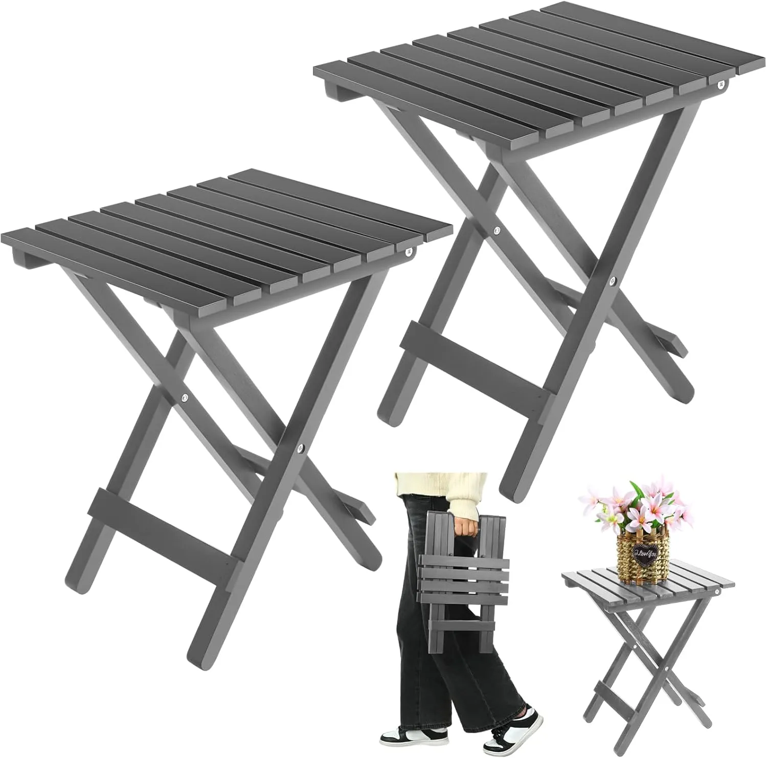 2 Pcs Small Folding Patio Side Table Outdoor Wood Wooden Small End Portable Plant Little Table for Garden Yard Porch Living Room Space Pool 11.4x11x14 inch (Grey)