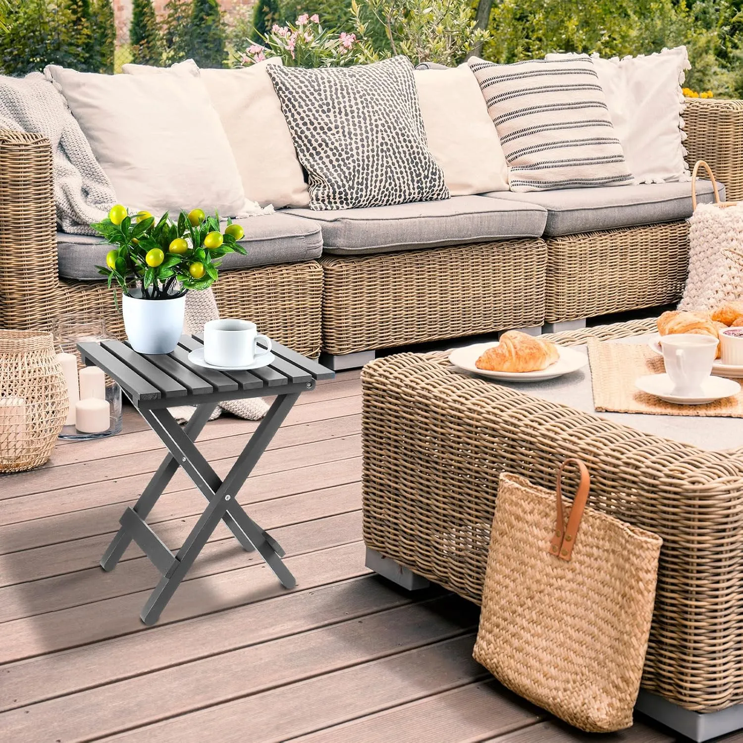 2 Pcs Small Folding Patio Side Table Outdoor Wood Wooden Small End Portable Plant Little Table for Garden Yard Porch Living Room Space Pool 11.4x11x14 inch (Grey)