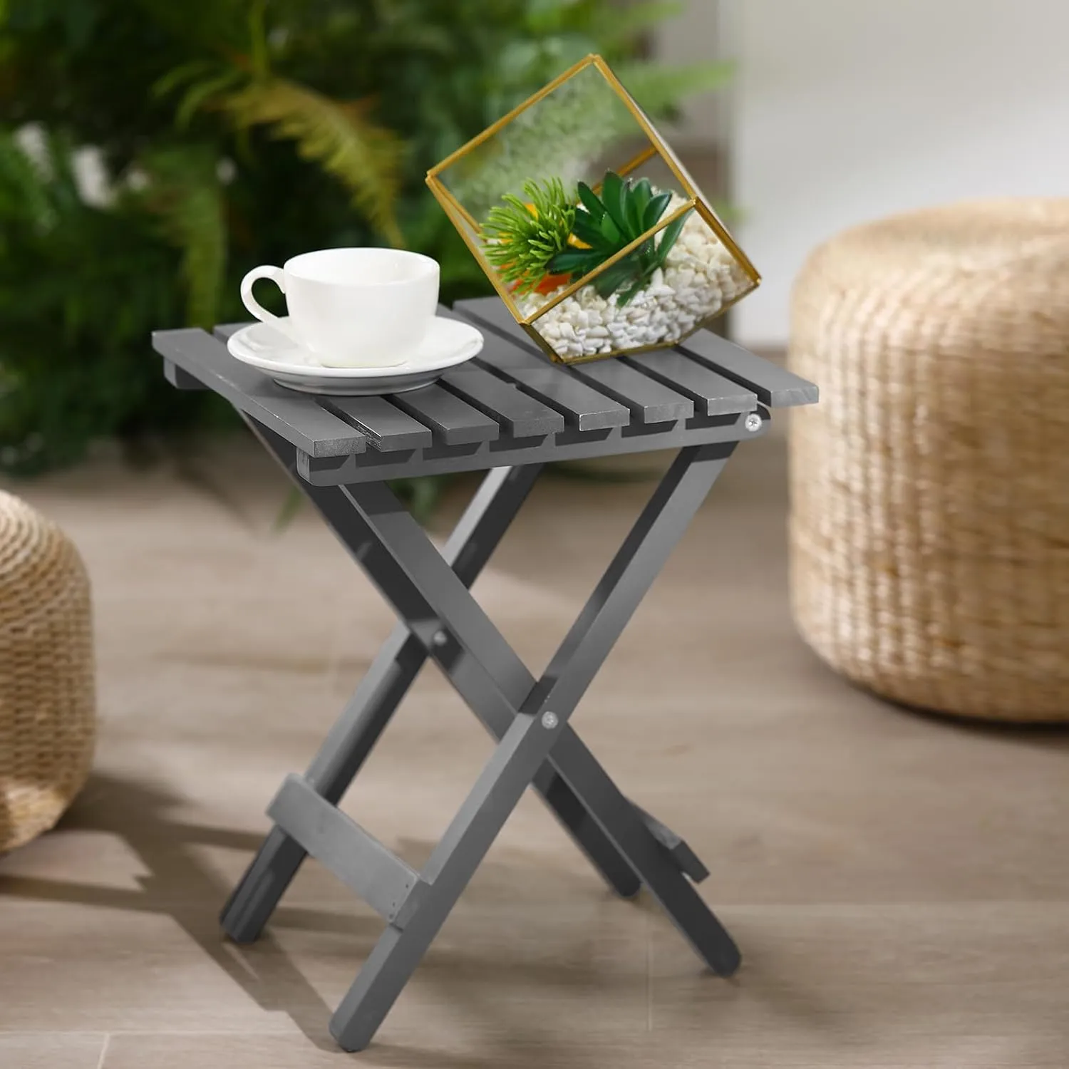 2 Pcs Small Folding Patio Side Table Outdoor Wood Wooden Small End Portable Plant Little Table for Garden Yard Porch Living Room Space Pool 11.4x11x14 inch (Grey)