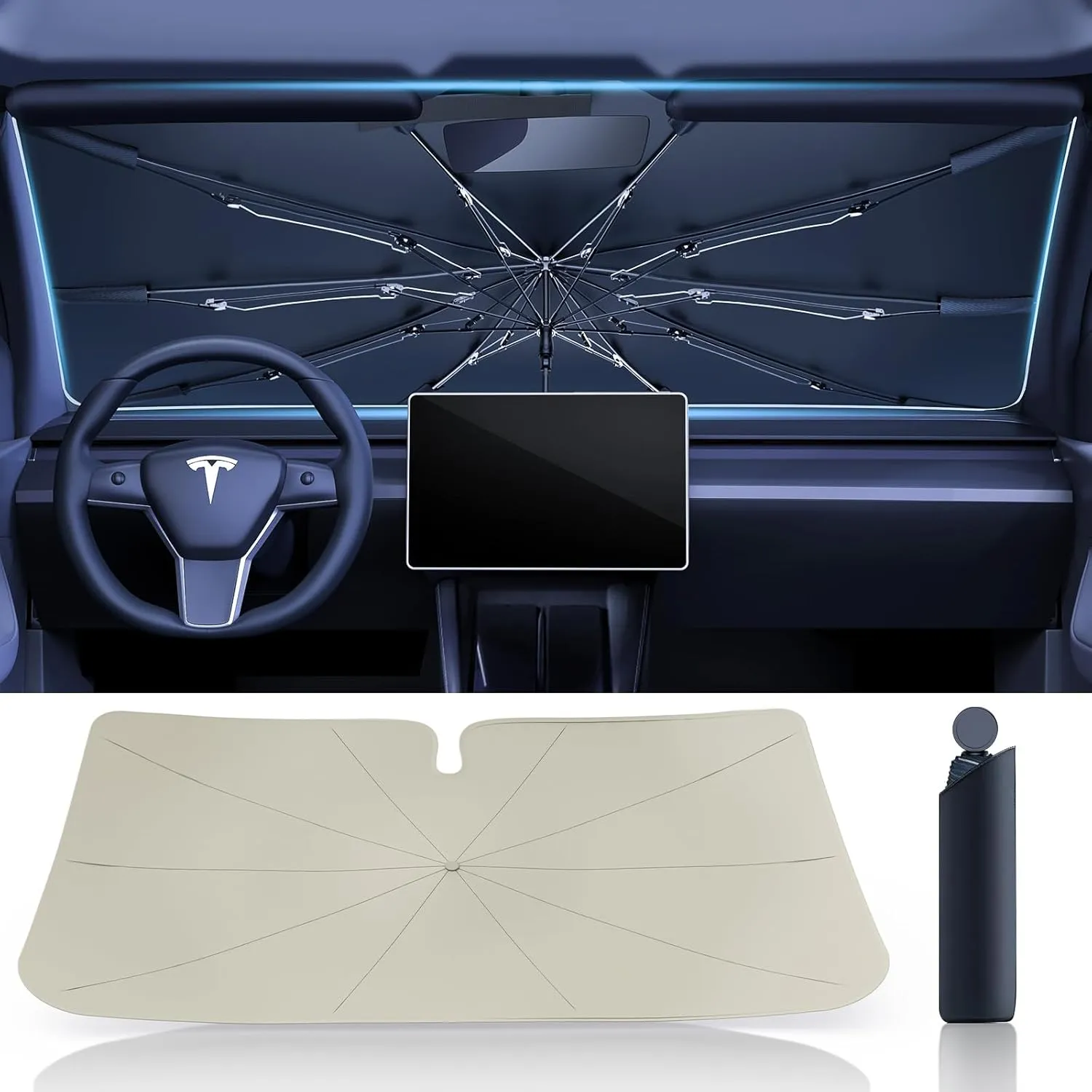 [2025 Premium Upgrade] Windshield Sun Shade Umbrella for Car - [T-Cool Coating] UV Shield Blocks 99.9% Rays, Super Heat Insulation & Cool Interior Protection | Easy Foldable Design