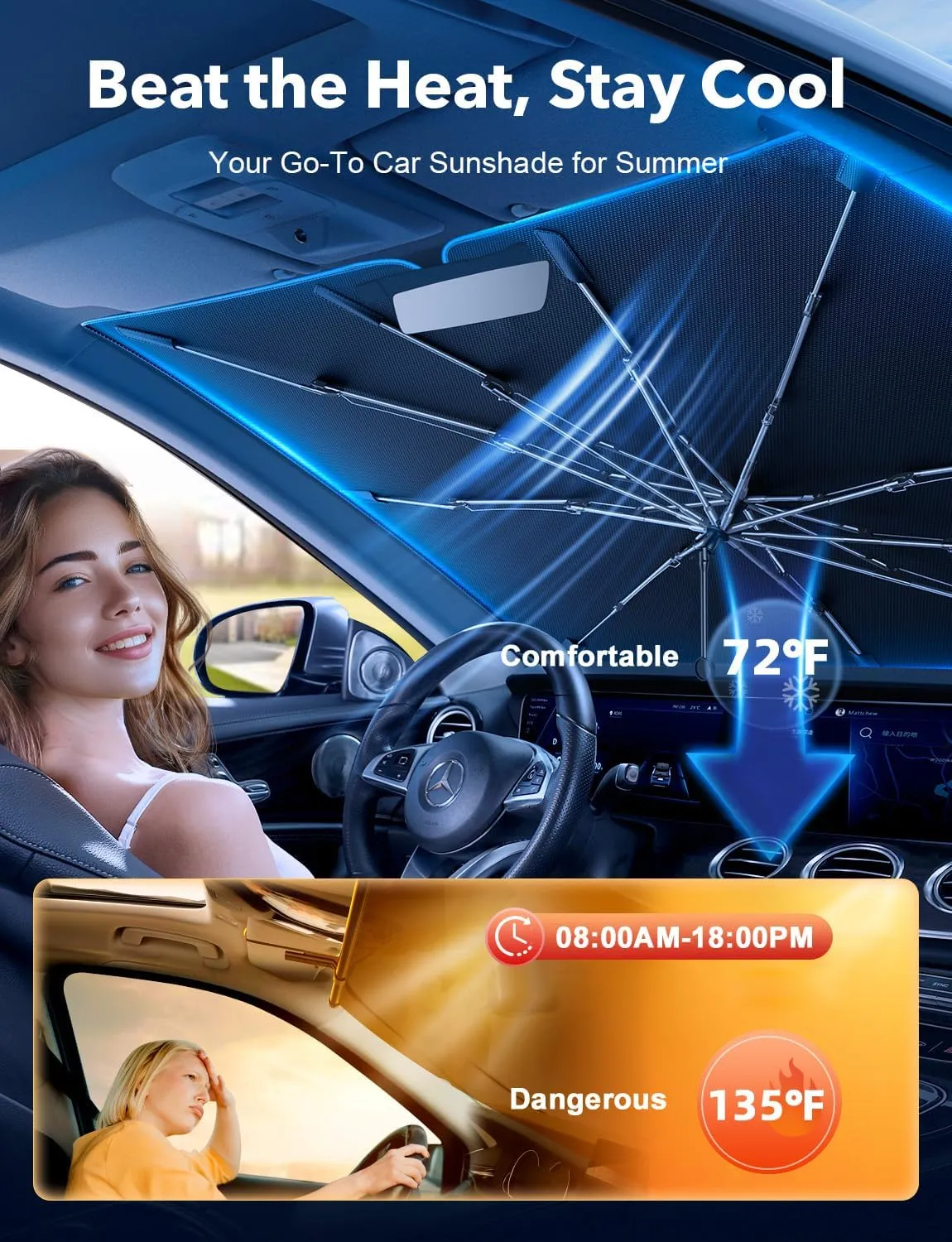 [2025 Premium Upgrade] Windshield Sun Shade Umbrella for Car - [T-Cool Coating] UV Shield Blocks 99.9% Rays, Super Heat Insulation & Cool Interior Protection | Easy Foldable Design