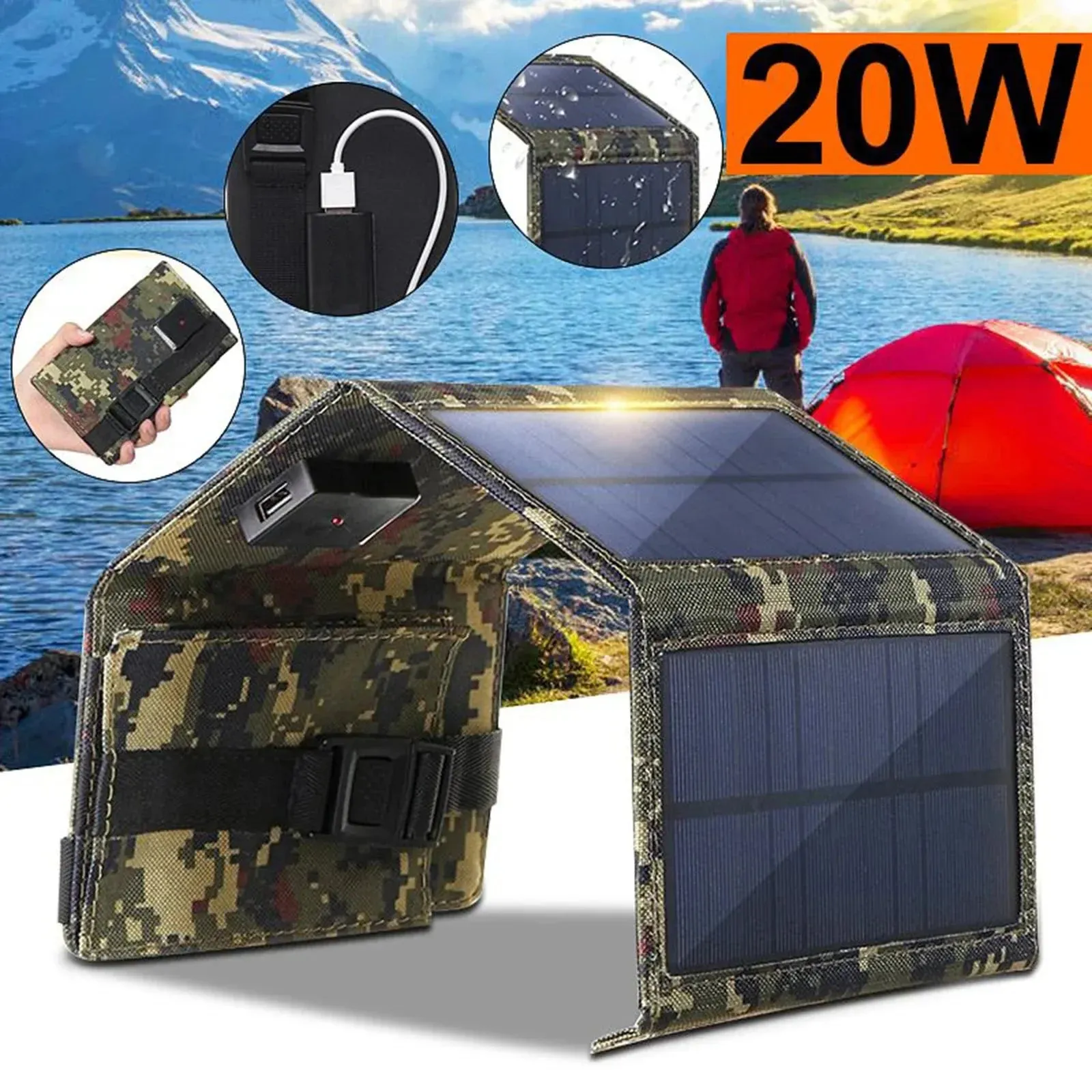 20W 5V Foldable USB Solar Panel Battery Charger for Camping and Hiking