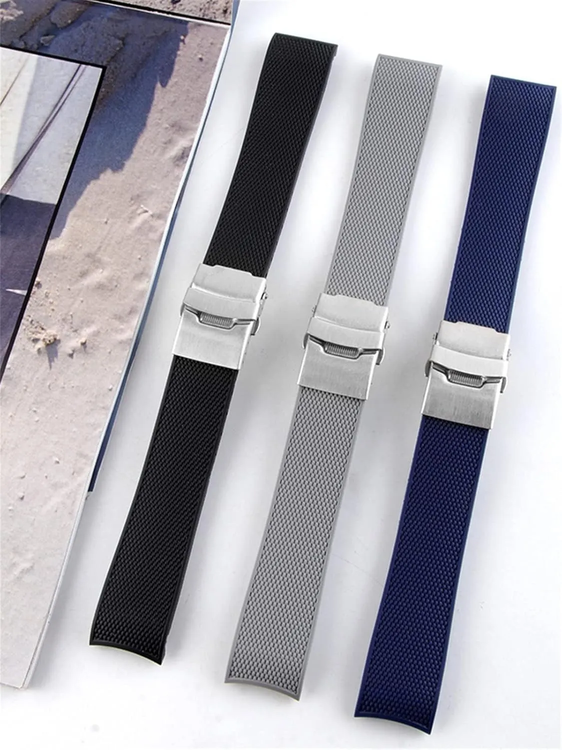 21mm Waterproof Rubber Watchband Folding Buckle，For Longines HydroConquest L3 L3.742 Diving Watch Blue