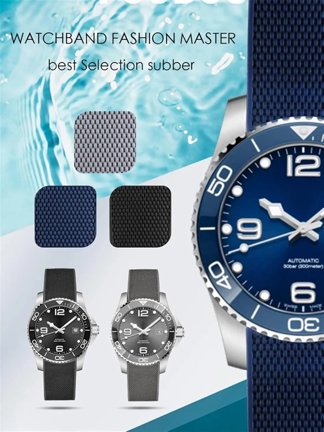 21mm Waterproof Rubber Watchband Folding Buckle，For Longines HydroConquest L3 L3.742 Diving Watch Blue