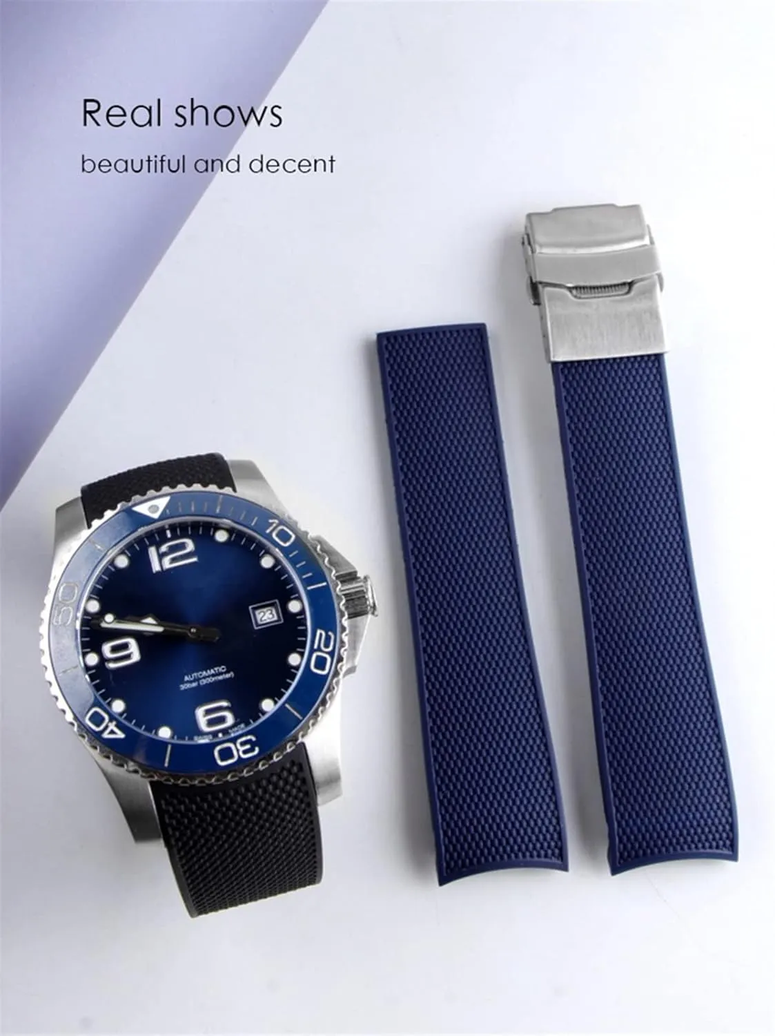 21mm Waterproof Rubber Watchband Folding Buckle，For Longines HydroConquest L3 L3.742 Diving Watch Blue