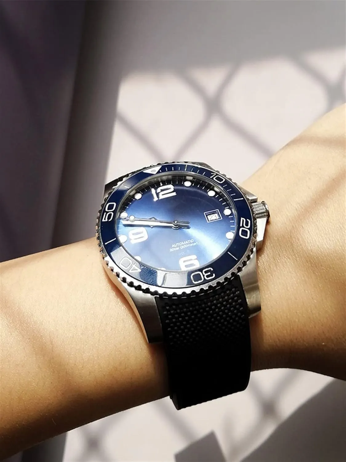 21mm Waterproof Rubber Watchband Folding Buckle，For Longines HydroConquest L3 L3.742 Diving Watch Blue
