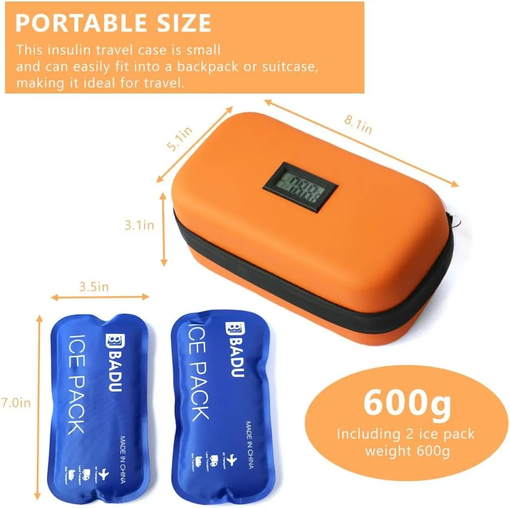 24-Hour Insulin Cooler Travel Case TSA Approved Medication Diabetic Cooler for Daily Life Trip with Thermometer Temperature Display Refrigerated Medicine Organizer Bag Includes 2 Ice Packs(Orange)