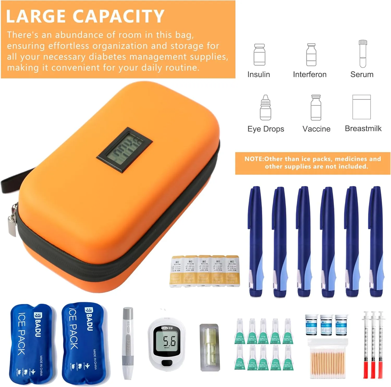 24-Hour Insulin Cooler Travel Case TSA Approved Medication Diabetic Cooler for Daily Life Trip with Thermometer Temperature Display Refrigerated Medicine Organizer Bag Includes 2 Ice Packs(Orange)