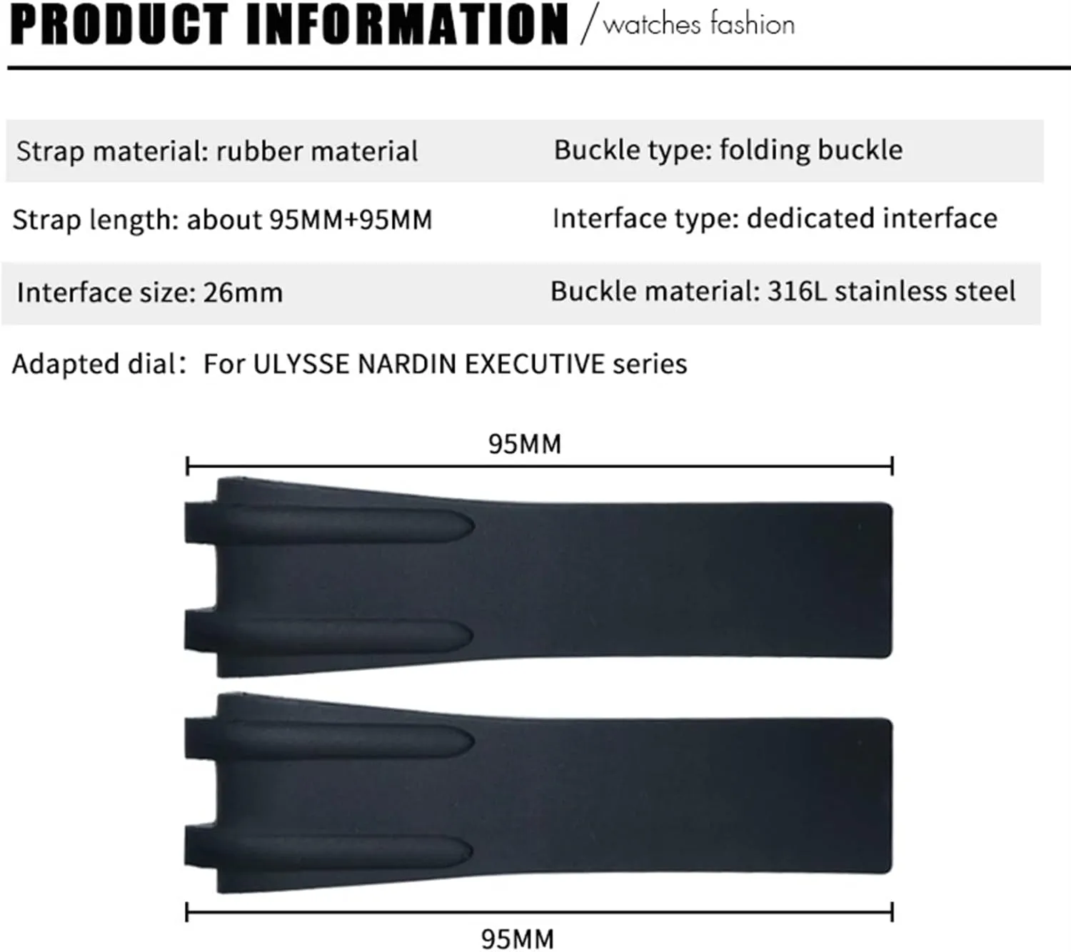 26mm Rubber Steel Folding Buckle Watch Band Fit for Ulysse Nardin Blue Black Brown Sport Waterproof Strap accessories