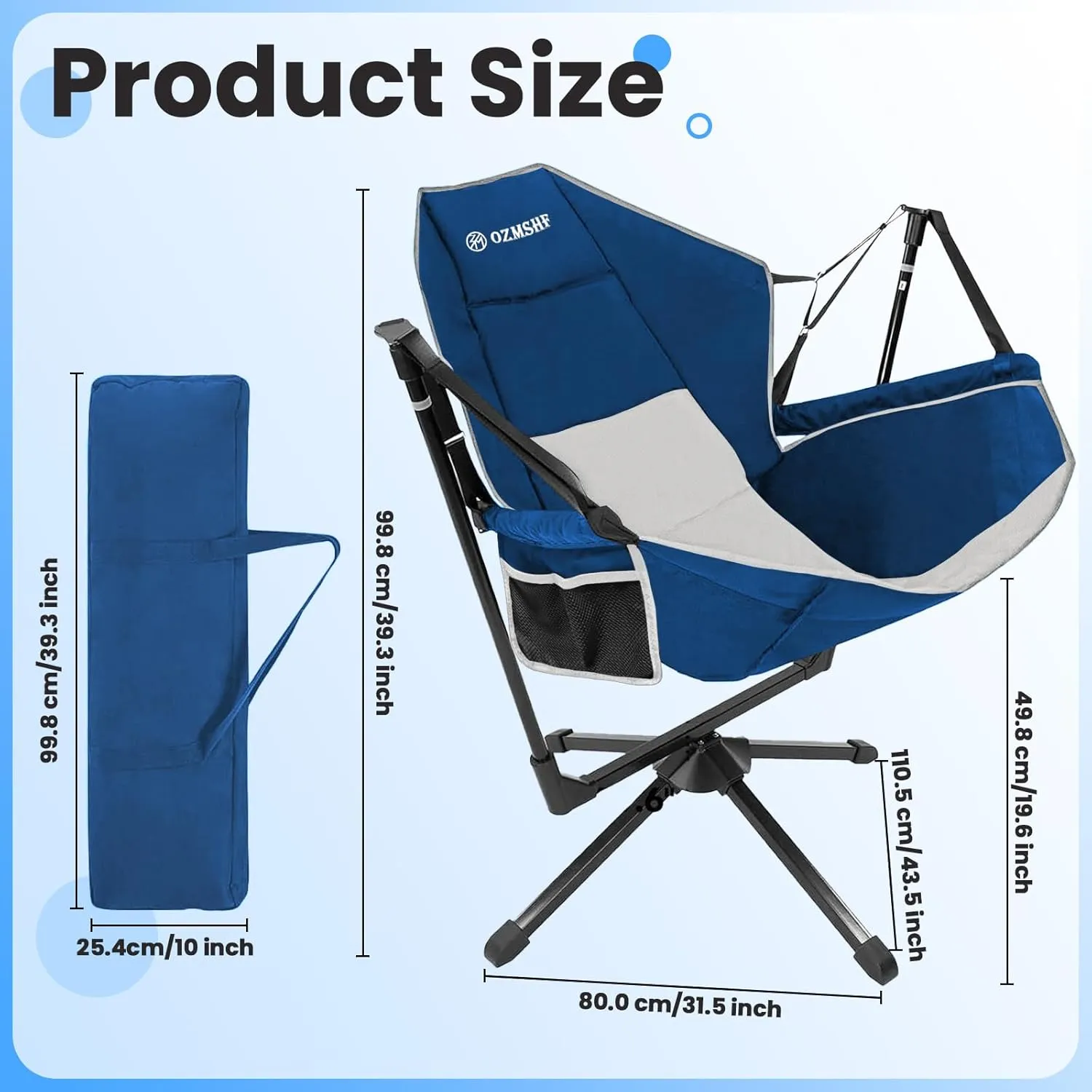 2PCS 360 Degrees Swing Camping Chair, Portable Rocking Camping Chair with Swivel and Reclining Design, Supports 300lbs, Ideal for Camp, Travel and Beach (Blue Gray)