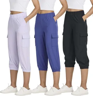 3 Pack:Women's Woven Cargo Capri Jogger Pants Tactical Hiking 5 Pockets Water Resistant Quick Dry Active Pockets Drawstring