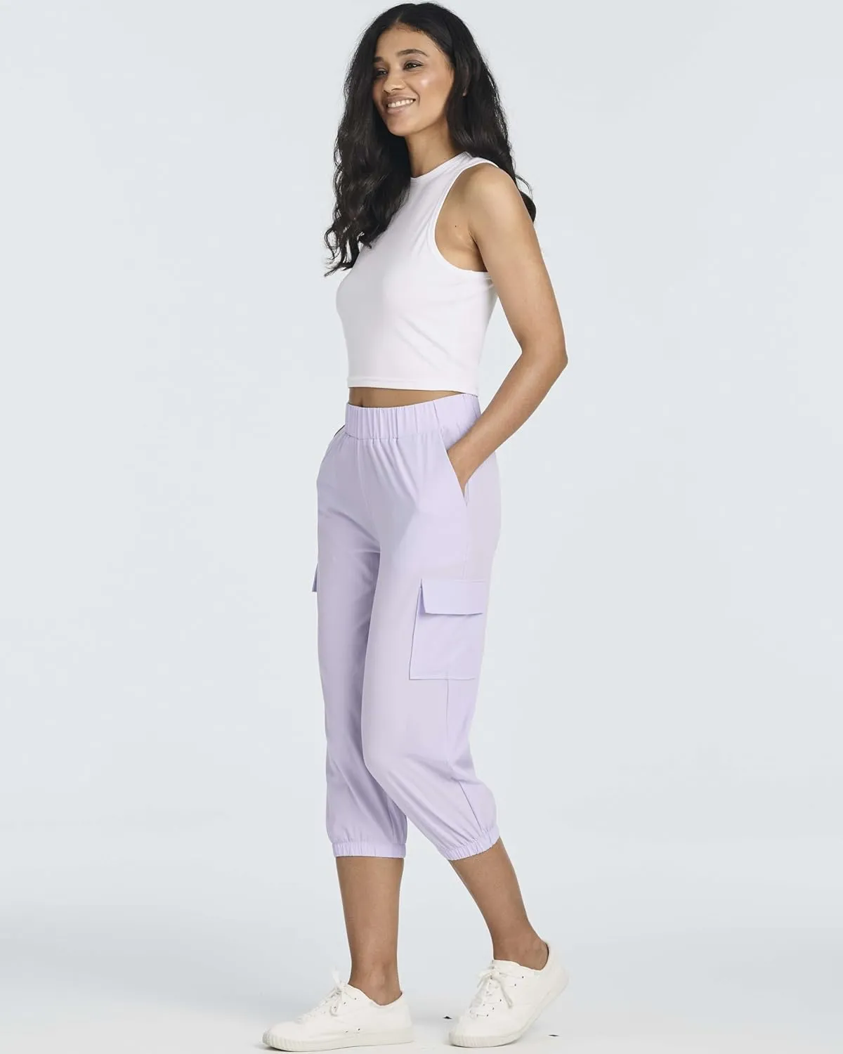 3 Pack:Women's Woven Cargo Capri Jogger Pants Tactical Hiking 5 Pockets Water Resistant Quick Dry Active Pockets Drawstring