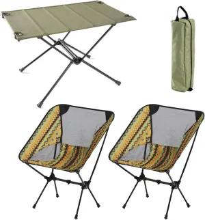 3 Pcs Portable Camping Table and Chairs, Light Outdoor Folding Table Small Compact Picnic Chairs Set, Oxford Cloth, Aluminum Alloy, Easy to Assemble, Black-Black-5PCS, Army Green