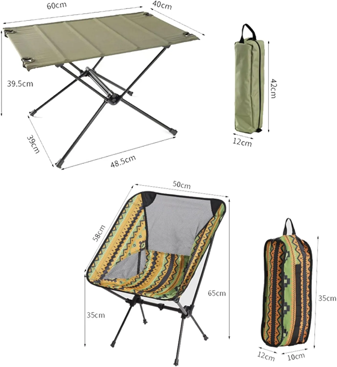 3 Pcs Portable Camping Table and Chairs, Light Outdoor Folding Table Small Compact Picnic Chairs Set, Oxford Cloth, Aluminum Alloy, Easy to Assemble, Black-Black-5PCS, Army Green