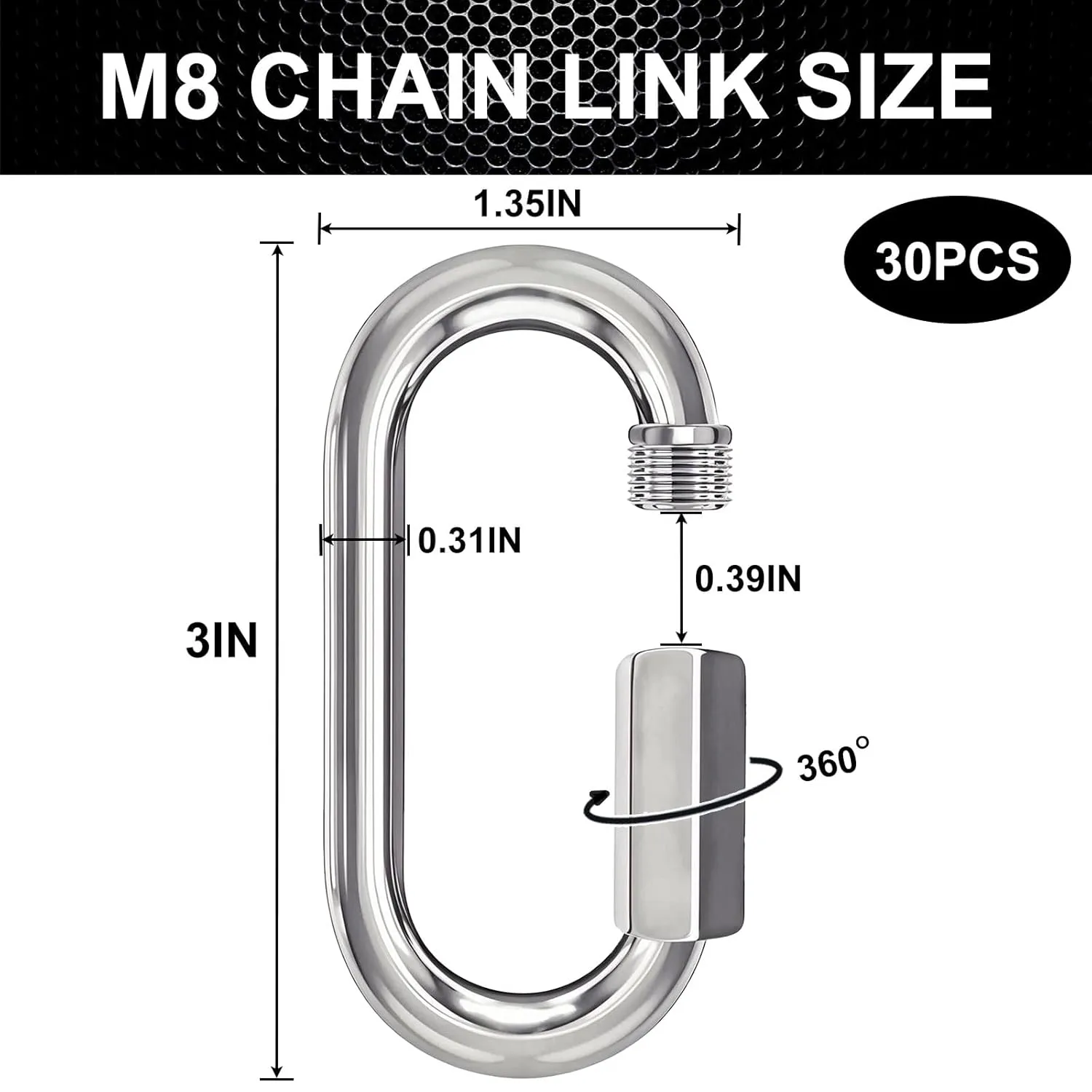 30PCS 3 Inches Chain Quick Links, M8 Galvanized Steel Thread Heavy Duty Carabiner Clips, 5/16" Locking Carabiners Connectors for Hammock, Camping, Pet Leash, Key Chain, Gym, 2000 Lbs Capacity
