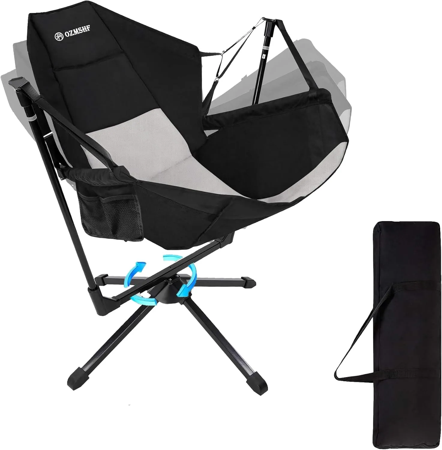 360 Degrees Swing Camping Chair, Portable Rocking Camping Chair with Swivel and Reclining Design, Supports 300lbs, Ideal for Camp, Travel and Beach (Black Gray)