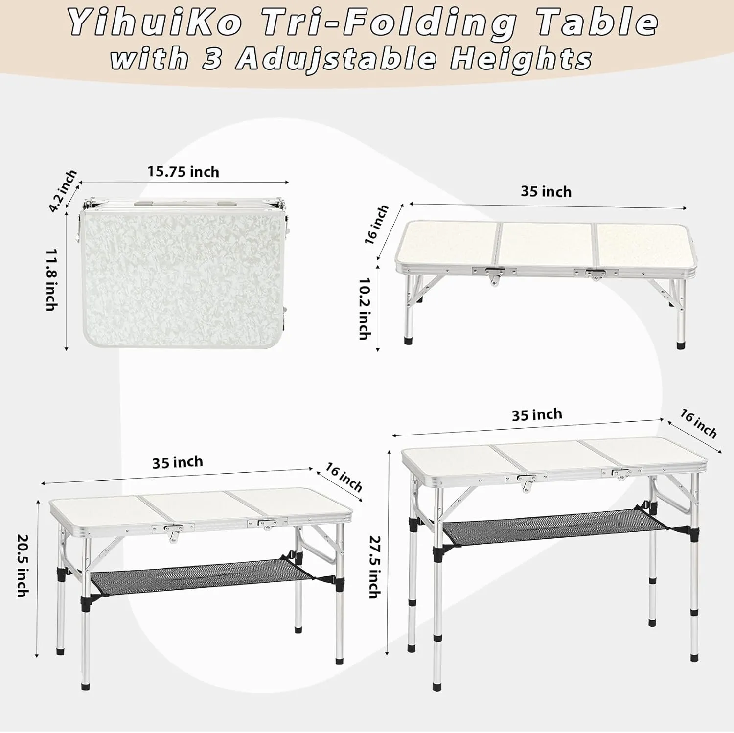 3ft Aluminum Folding Picnic Table - Lightweight & Portable Outdoor Table with Adjustable Height, Storage Net for Camping, Backyard, RV Trips