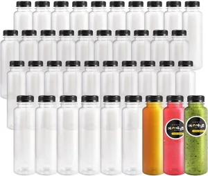 40pcs 12oz Plastic Juice Bottles with Caps, Empty PET Disposable Plastic Bottles, Clear Bulk Drink Containers with Black Tamper Evident Lids for Juicing, Drinking and Other Beverages