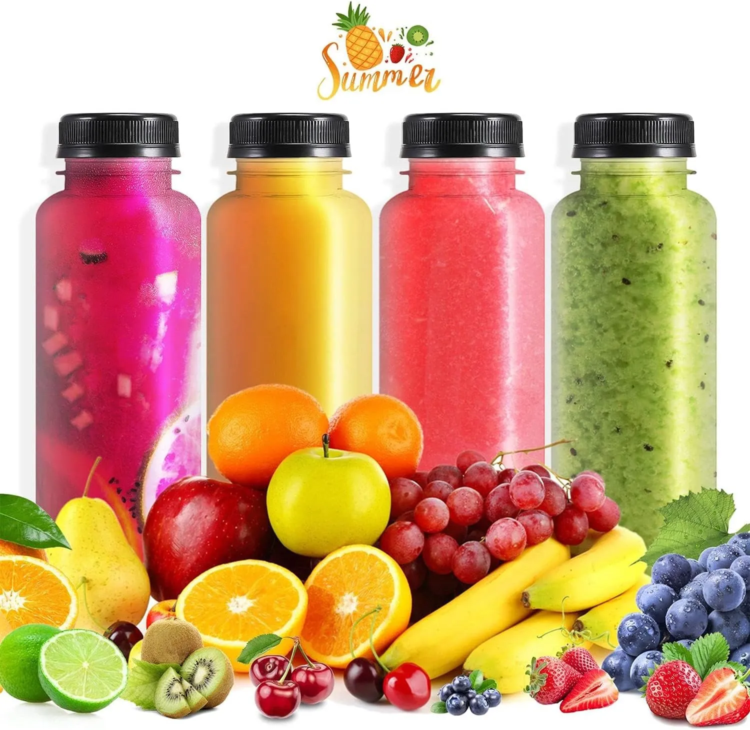 40pcs 12oz Plastic Juice Bottles with Caps, Empty PET Disposable Plastic Bottles, Clear Bulk Drink Containers with Black Tamper Evident Lids for Juicing, Drinking and Other Beverages