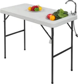 45" Outdoor Picnic Tables,Folding Portable Fish Fillet Hunting Cutting Table,Rectangular Outdoor Fishs Killing Tables,Foldable Fish Cleaning Station,with Sink Faucet,for Patio Backyard BBQ (White)