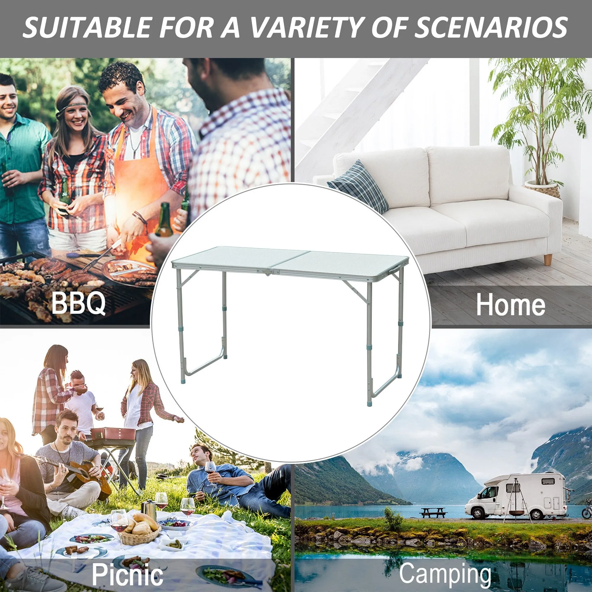 47" Folding Camping Table with Height Adjustability, Lightweight Portable Table with Carry Handle, Outdoor Folding Table