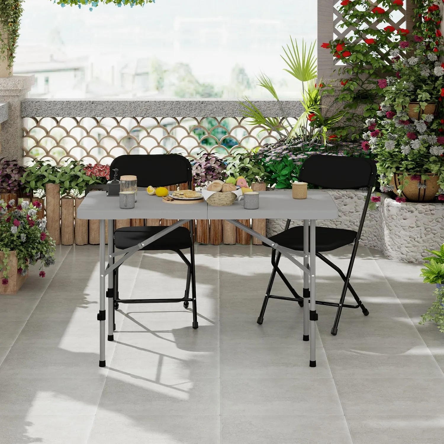48 Inch Folding Table with Carry Handle, Portable Heavy Duty Plastic Utility Table with Steel Legs for Party, Wedding, Camping, Indoor, Outdoor Event, Gray