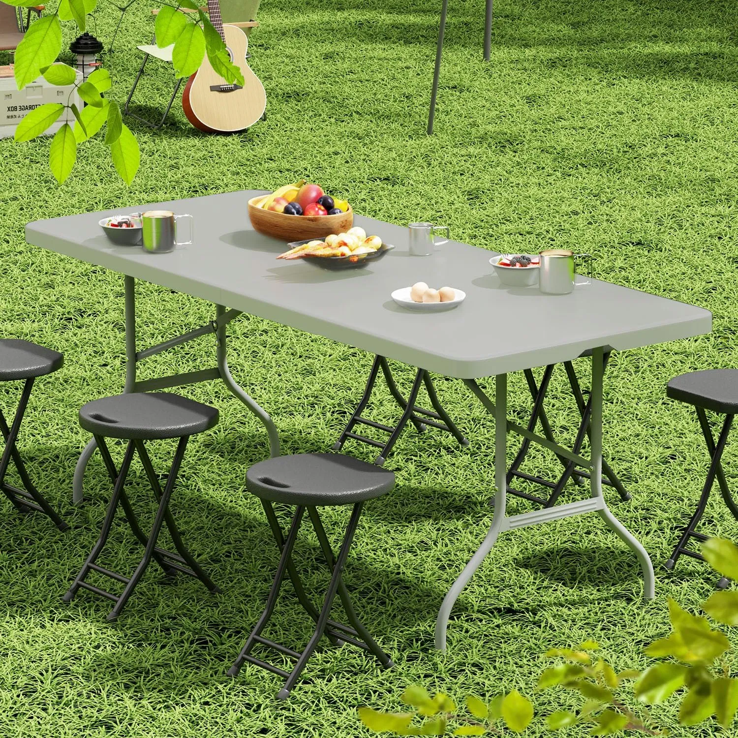 48 Inch Folding Table with Carry Handle, Portable Heavy Duty Plastic Utility Table with Steel Legs for Party, Wedding, Camping, Indoor, Outdoor Event, Gray