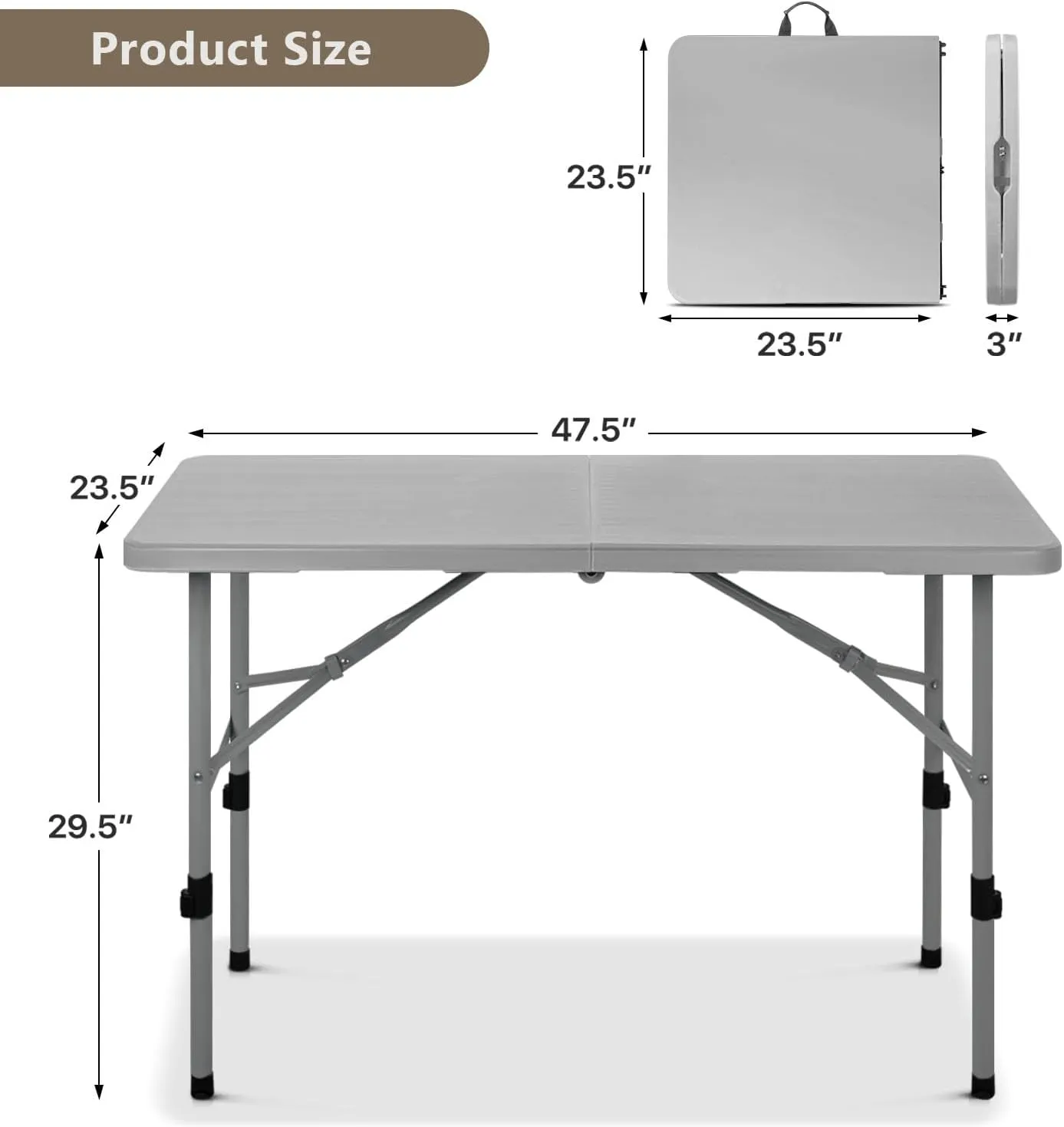 48 Inch Folding Table with Carry Handle, Portable Heavy Duty Plastic Utility Table with Steel Legs for Party, Wedding, Camping, Indoor, Outdoor Event, Gray