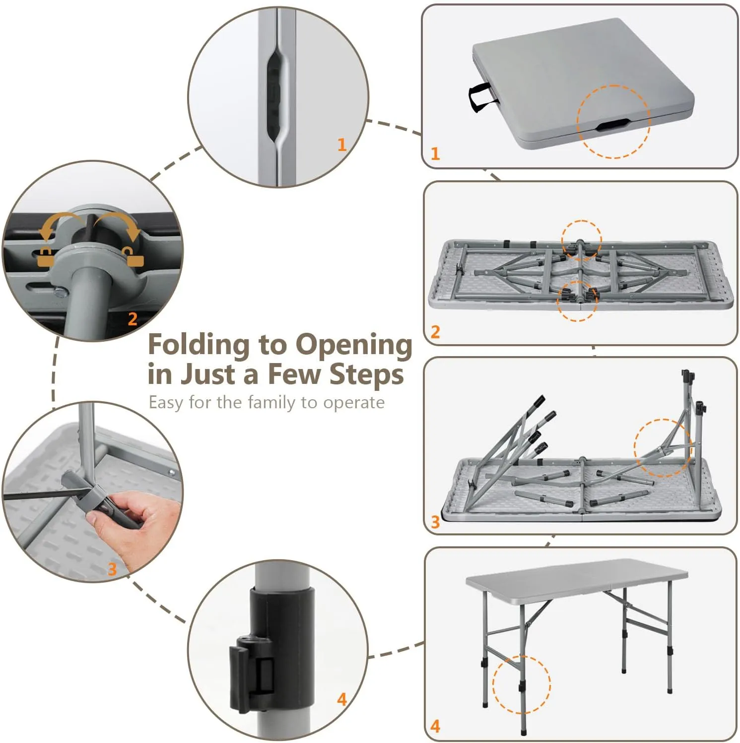 48 Inch Folding Table with Carry Handle, Portable Heavy Duty Plastic Utility Table with Steel Legs for Party, Wedding, Camping, Indoor, Outdoor Event, Gray