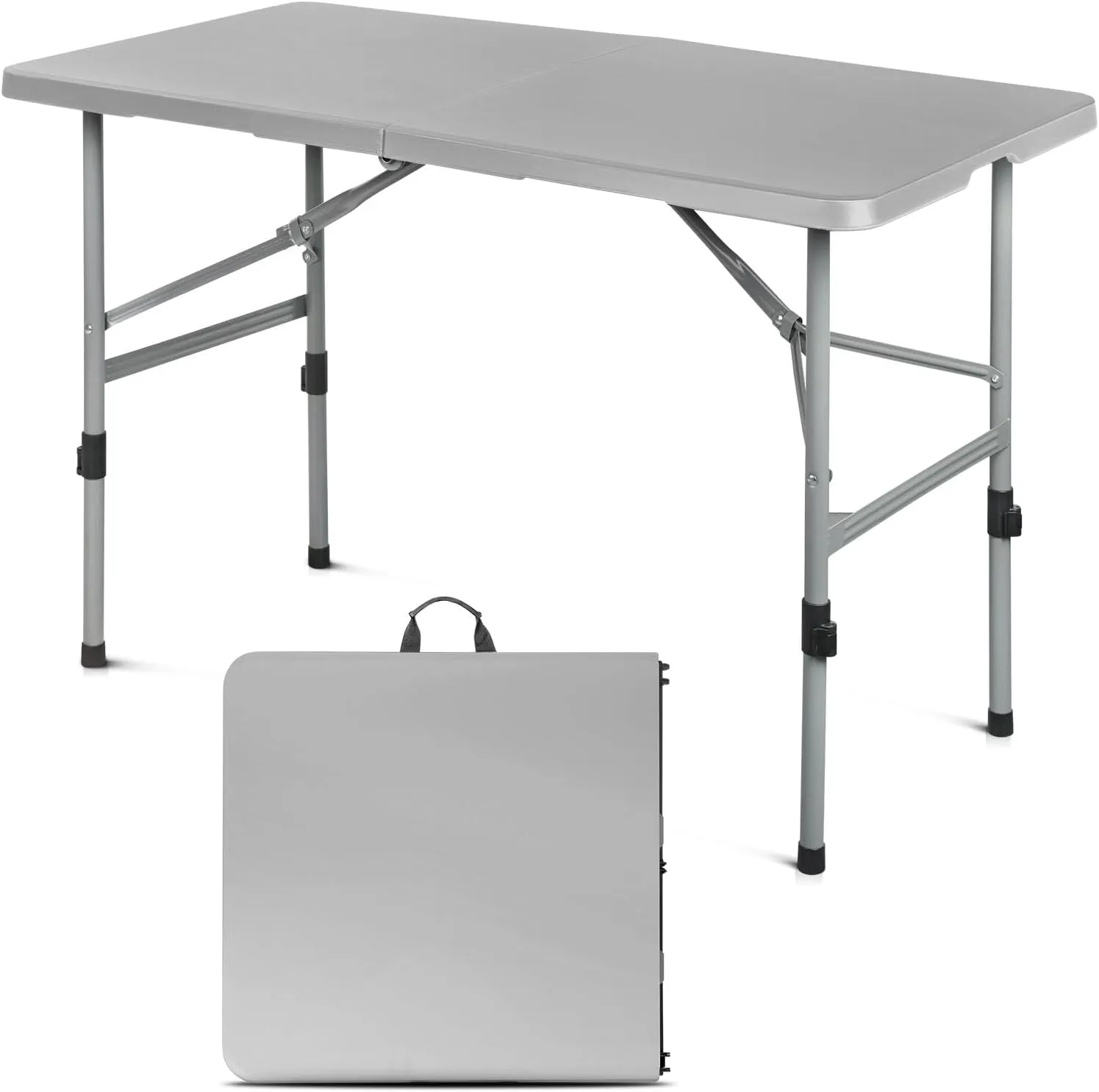 48 Inch Folding Table with Carry Handle, Portable Heavy Duty Plastic Utility Table with Steel Legs for Party, Wedding, Camping, Indoor, Outdoor Event, Gray